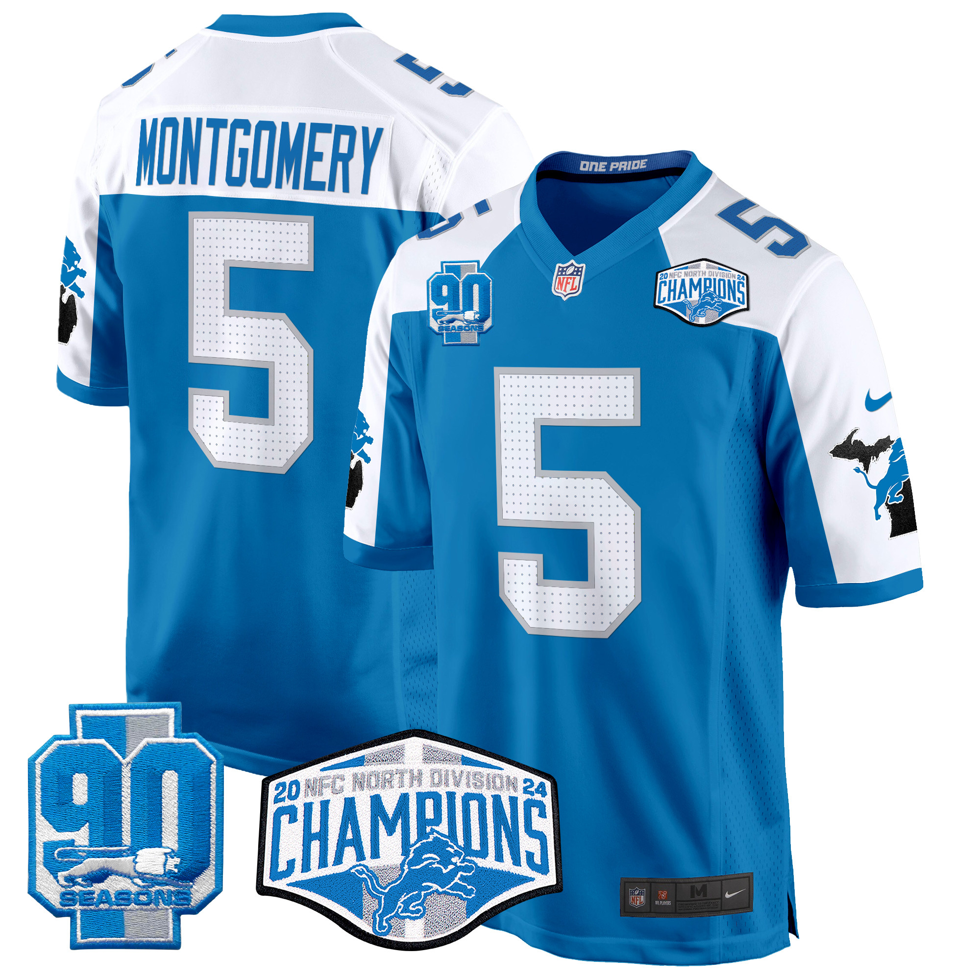 David Montgomery Men's Detroit Lions 2024 NFC North Division Champions Patch Game Blue Alternate Jersey - All Stitched