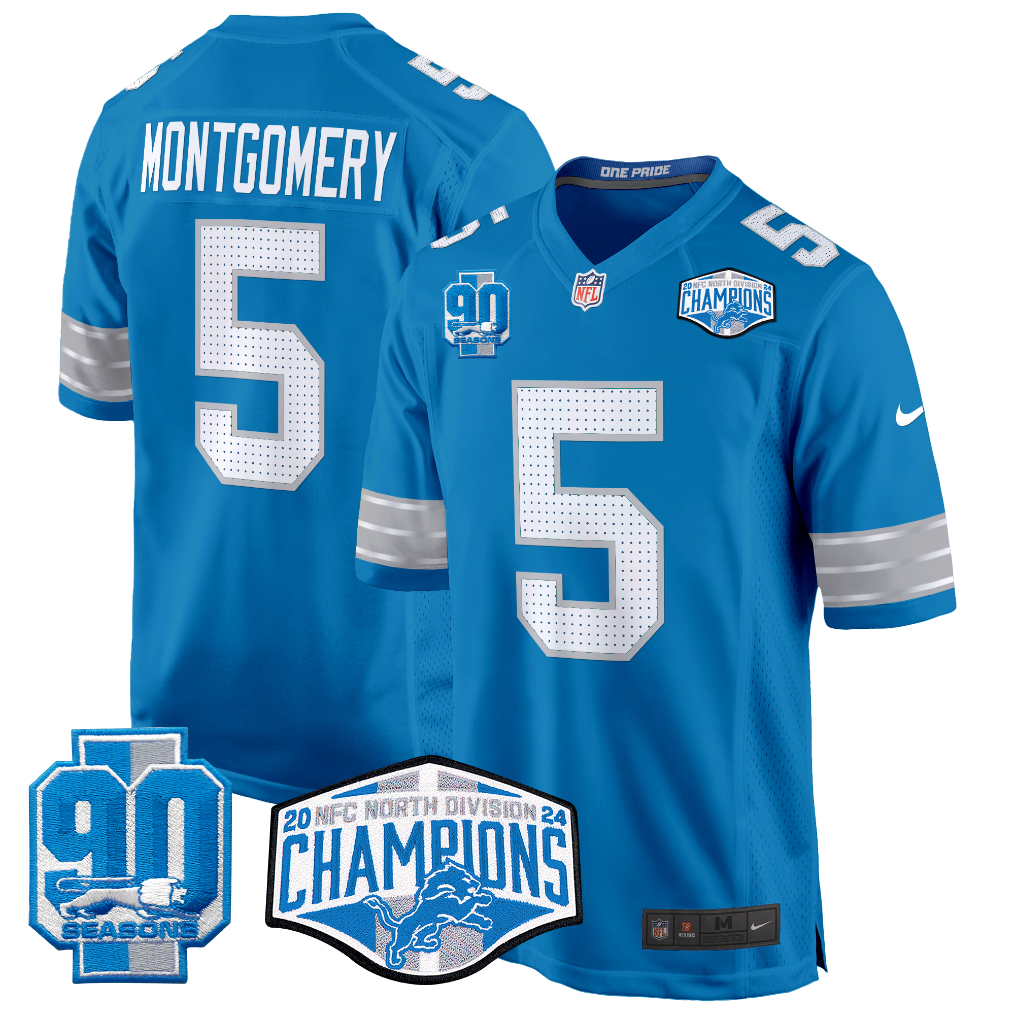 David Montgomery Men's Detroit Lions 2024 NFC North Division Champions Patch Game Blue Jersey - All Stitched