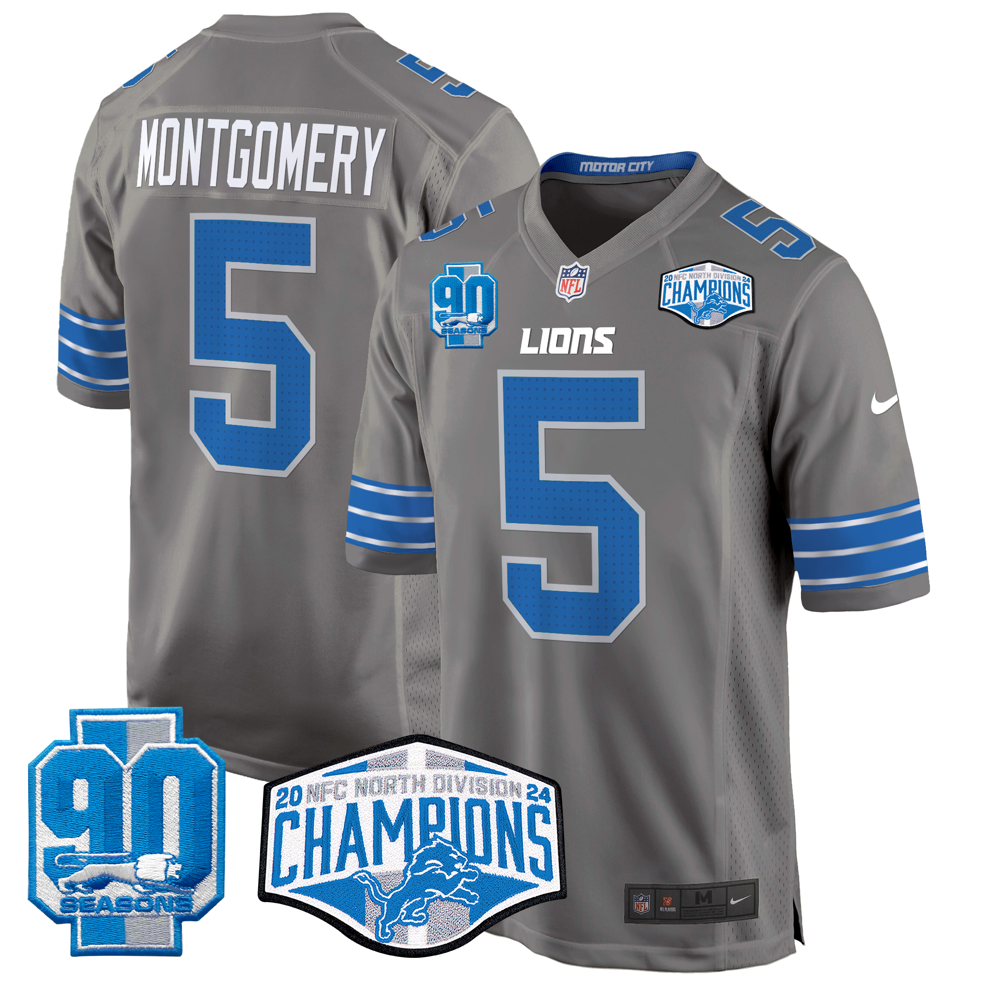 David Montgomery Men's Detroit Lions 2024 NFC North Division Champions Patch Game Gray Jersey - All Stitched