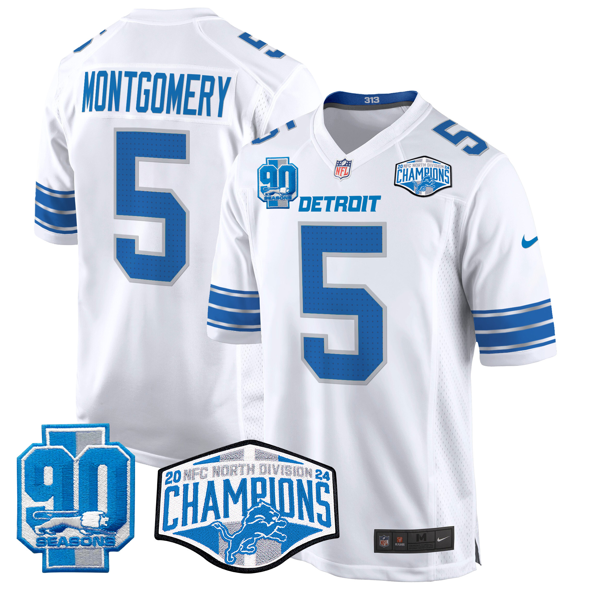 David Montgomery Men's Detroit Lions 2024 NFC North Division Champions Patch Game White Jersey - All Stitched