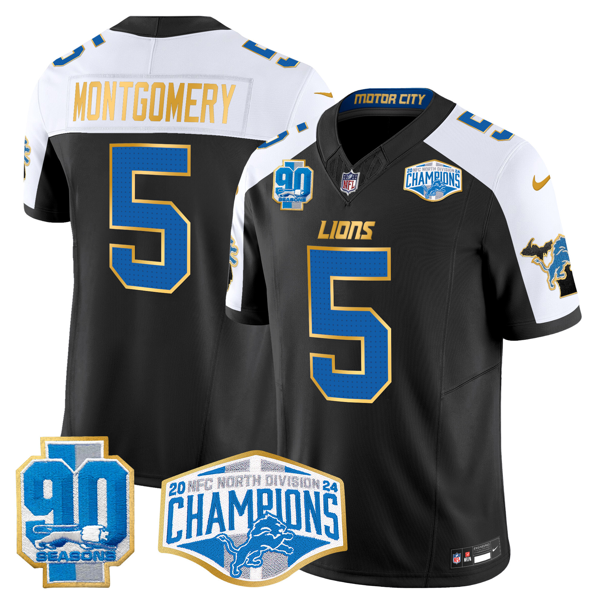 David Montgomery Men's Detroit Lions 2024 NFC North Division Champions Patch Gold Trim Vapor Limited Black Alternate Jersey - All Stitched