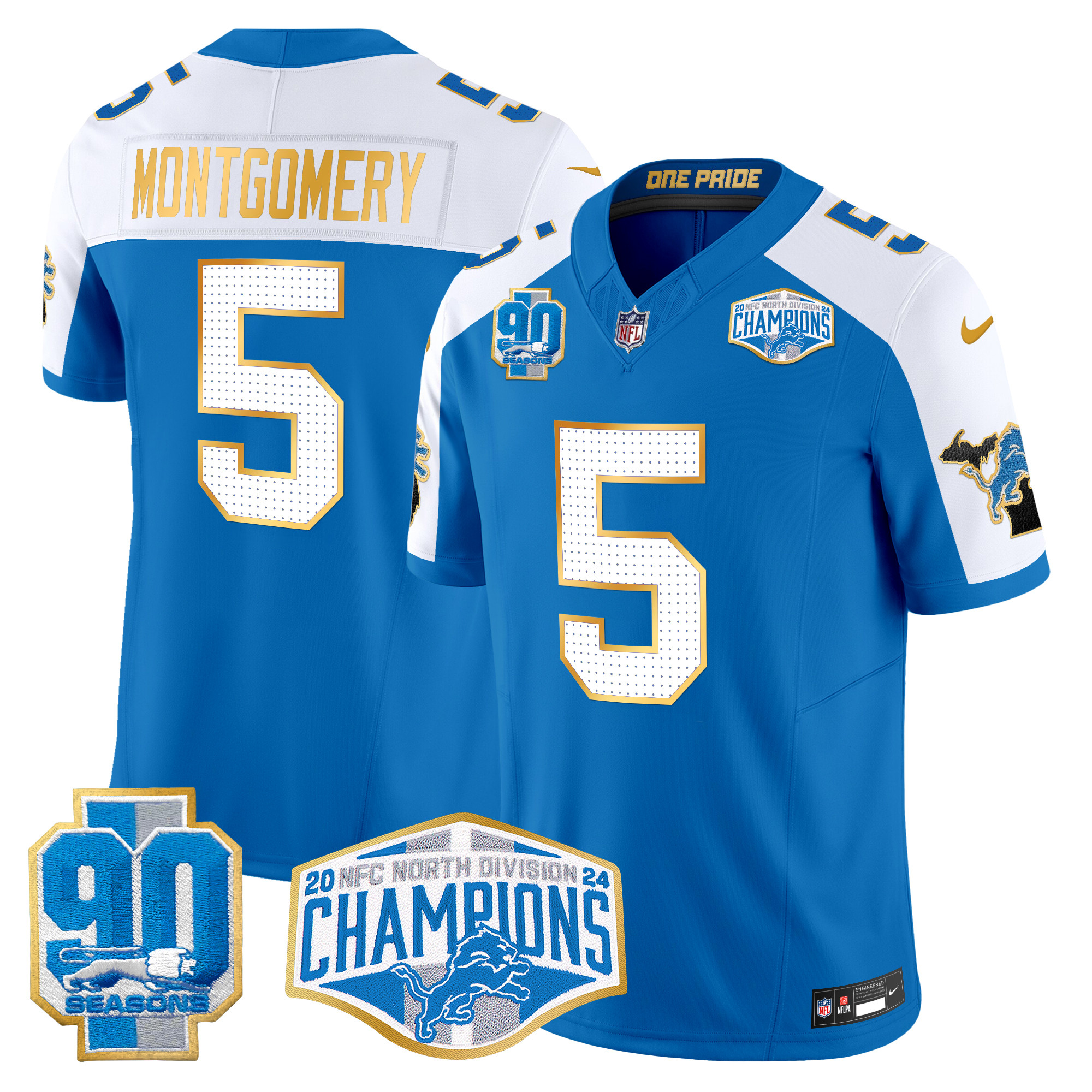 David Montgomery Men's Detroit Lions 2024 NFC North Division Champions Patch Gold Trim Vapor Limited Blue Alternate Jersey - All Stitched