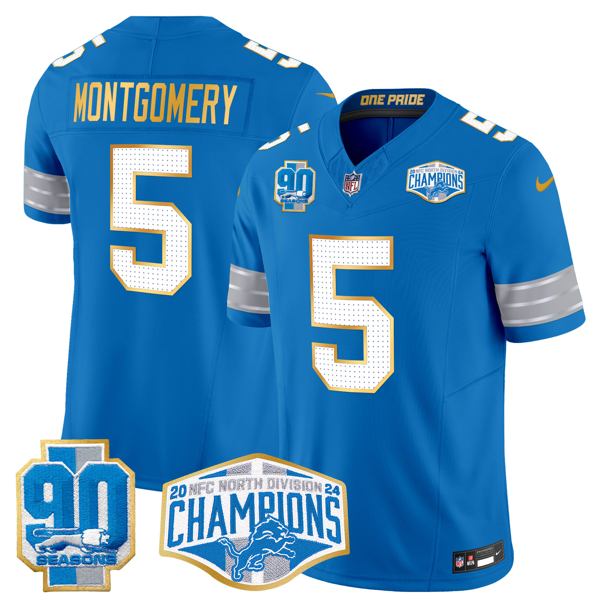 David Montgomery Men's Detroit Lions 2024 NFC North Division Champions Patch Gold Trim Vapor Limited Blue Jersey - All Stitched