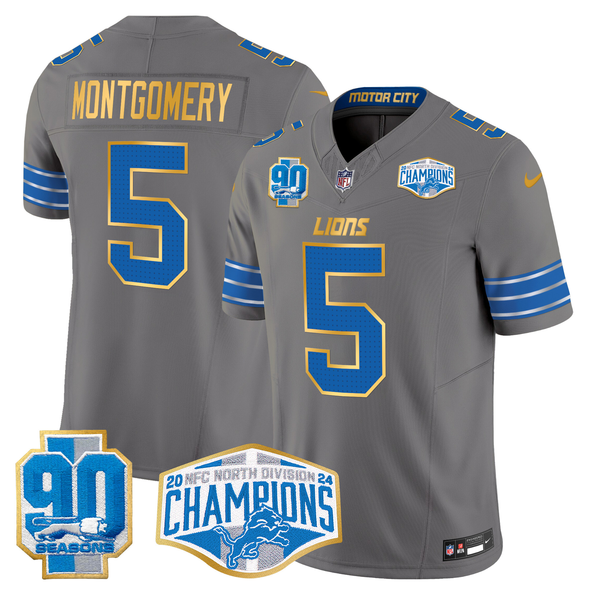 David Montgomery Men's Detroit Lions 2024 NFC North Division Champions Patch Gold Trim Vapor Limited Gray Jersey - All Stitched