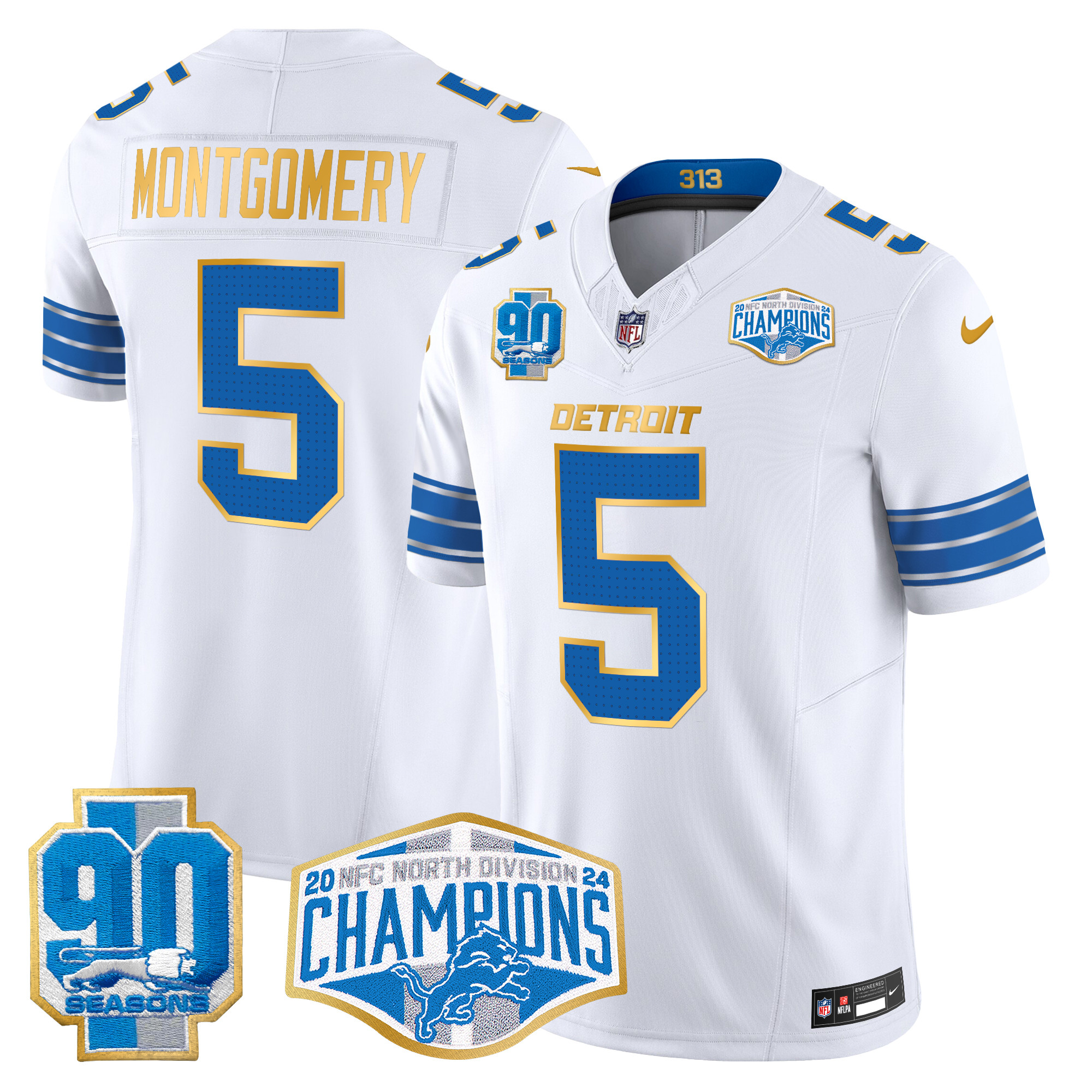 David Montgomery Men's Detroit Lions 2024 NFC North Division Champions Patch Gold Trim Vapor Limited White Jersey - All Stitched