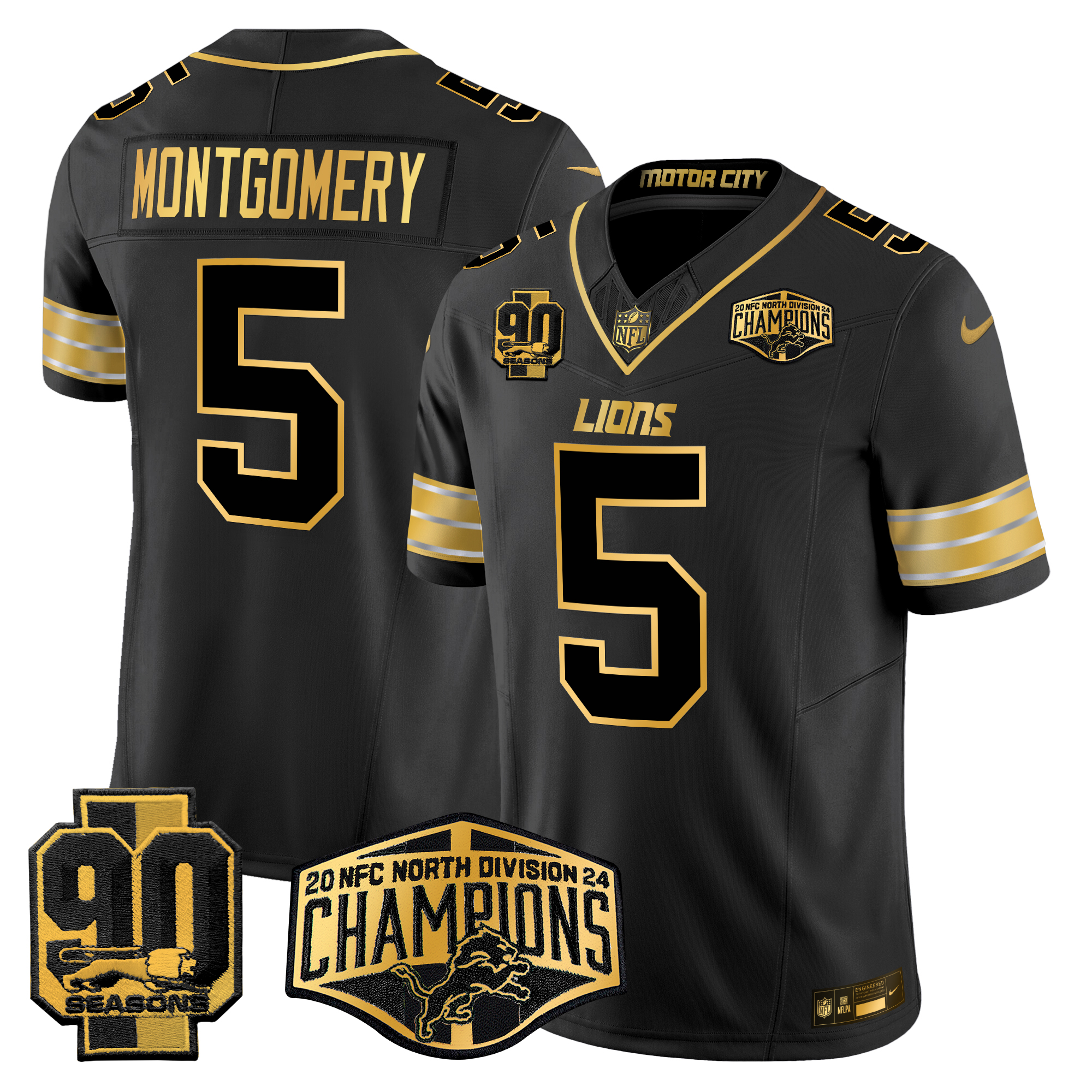 David Montgomery Men's Detroit Lions 2024 NFC North Division Champions Patch Gold Vapor Limited Black Gold Jersey - All Stitched