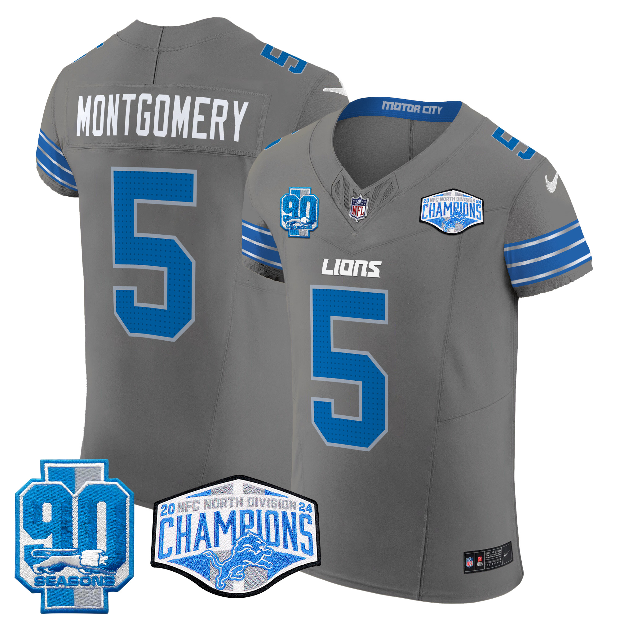David Montgomery Men's Detroit Lions 2024 NFC North Division Champions Patch Vapor Elite Gray Jersey - All Stitched