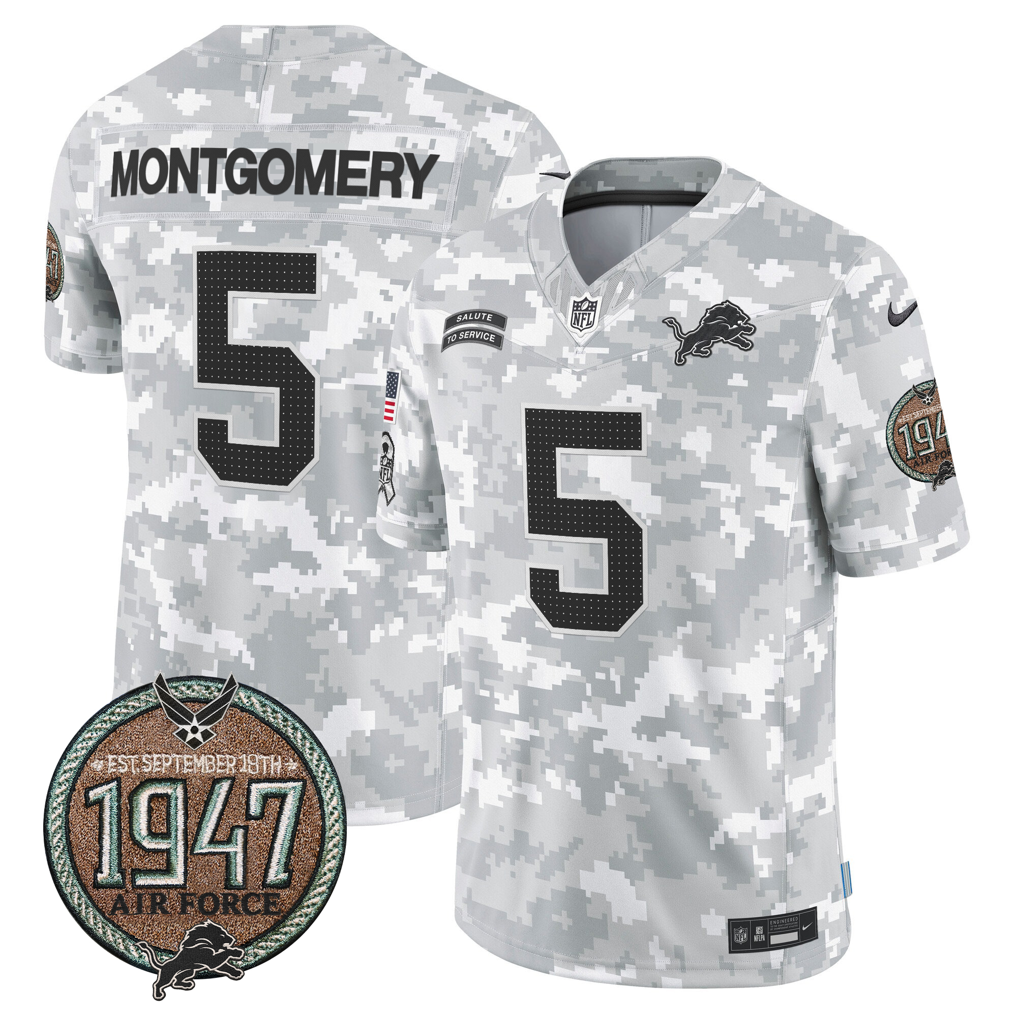 David Montgomery Men's Detroit Lions 2024 Salute to Service Establishment Year Patch Vapor Limited Air Force Jersey - All Stitched