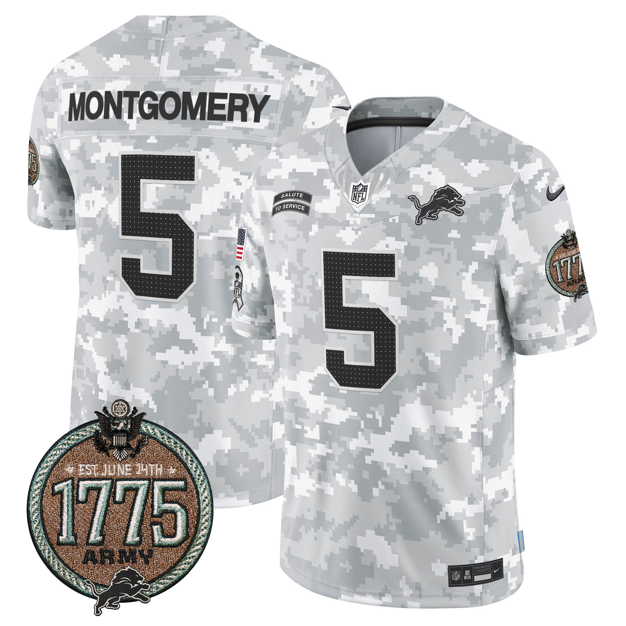 David Montgomery Men's Detroit Lions 2024 Salute to Service Establishment Year Patch Vapor Limited Army Jersey - All Stitched