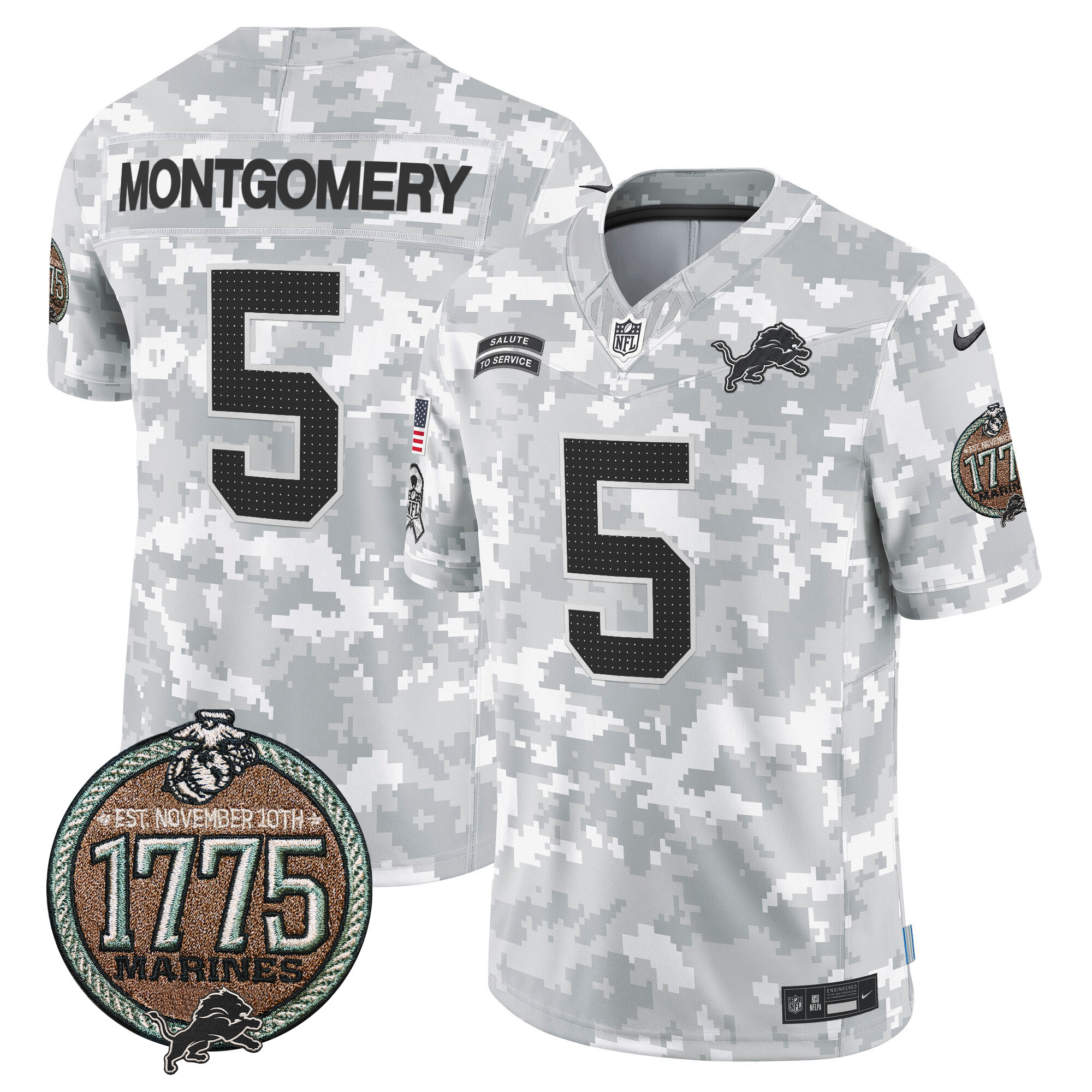 David Montgomery Men's Detroit Lions 2024 Salute to Service Establishment Year Patch Vapor Limited Marines Jersey - All Stitched