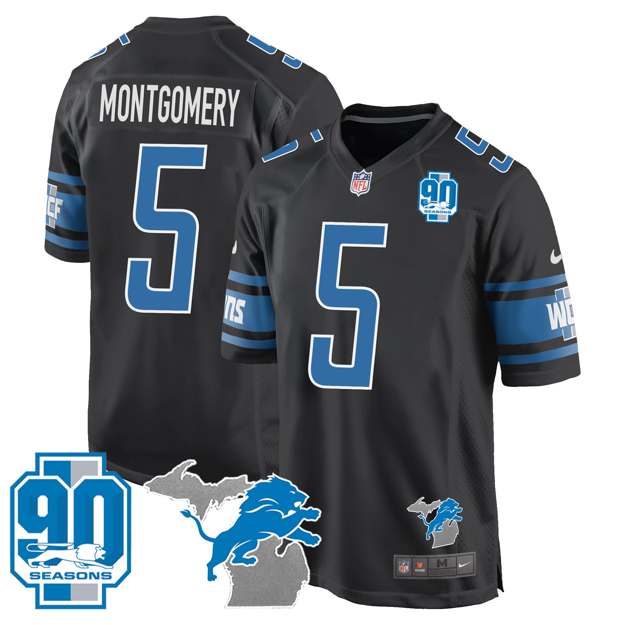 David Montgomery Men's Detroit Lions 90th Year & Michigan Patch Game Black Jersey - All Stitched