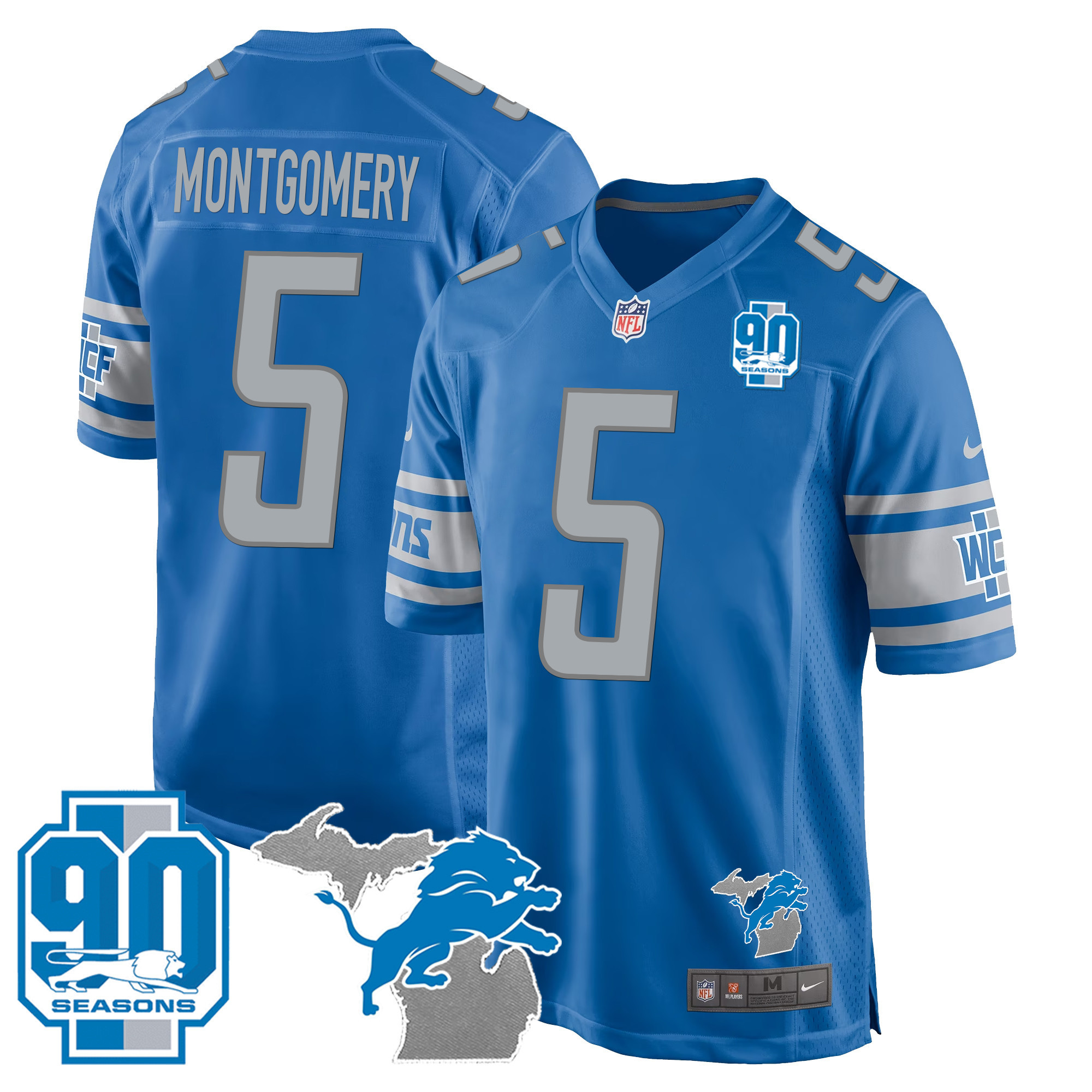 David Montgomery Men's Detroit Lions 90th Year & Michigan Patch Game Blue Jersey - All Stitched