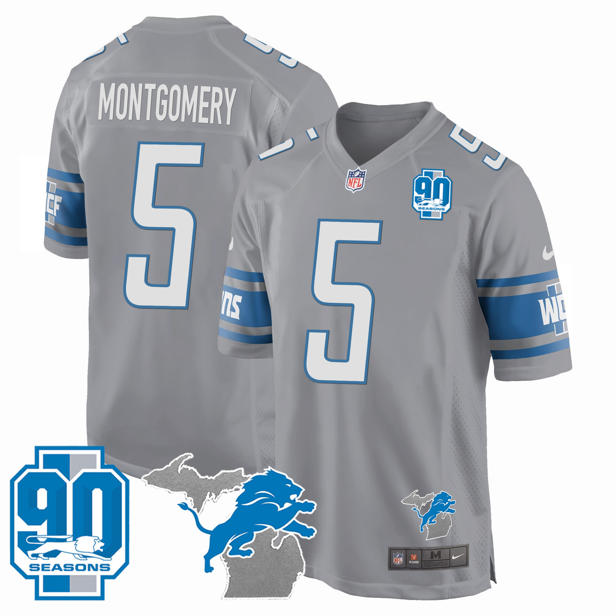 David Montgomery Men's Detroit Lions 90th Year & Michigan Patch Game Gray Jersey - All Stitched