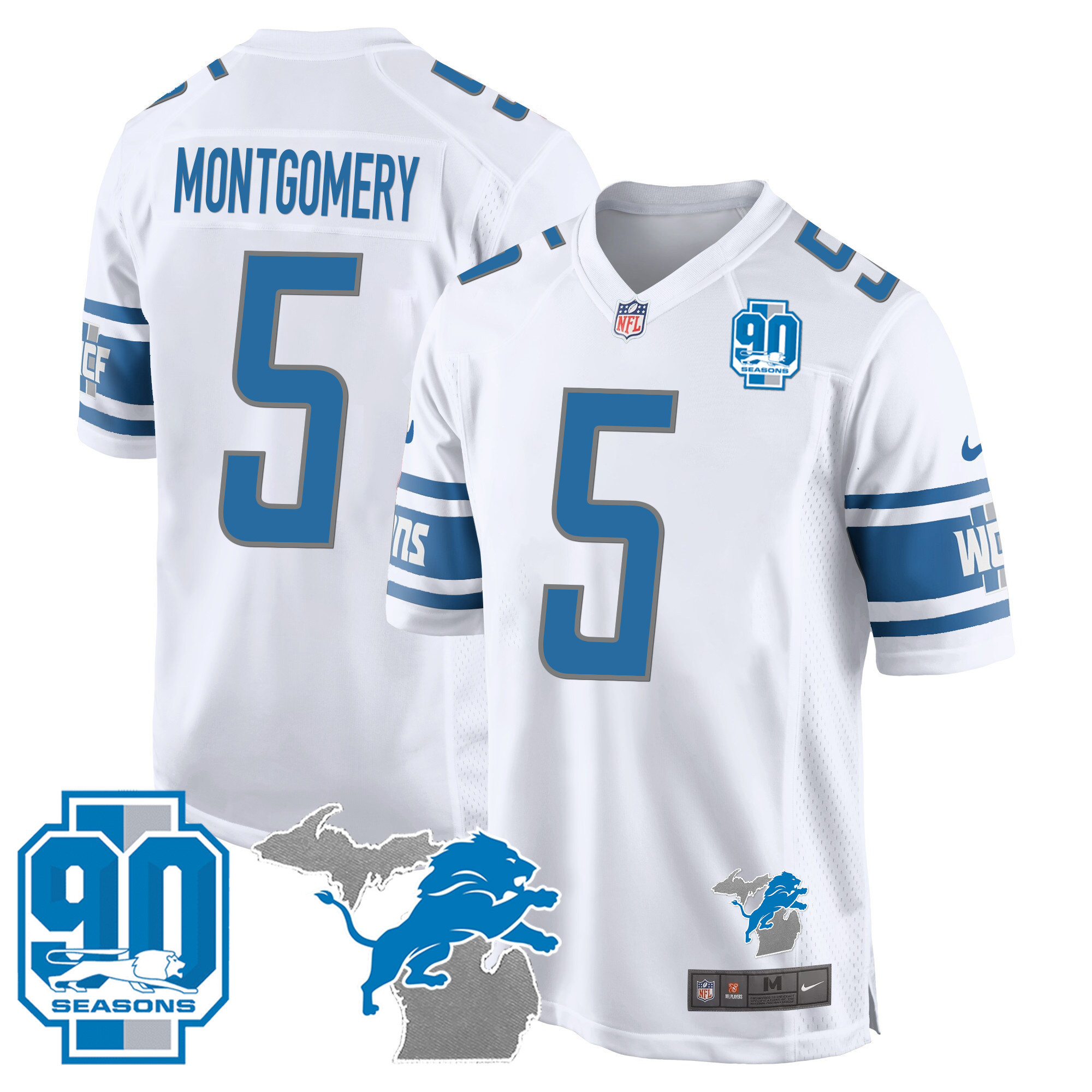 David Montgomery Men's Detroit Lions 90th Year & Michigan Patch Game White Jersey - All Stitched