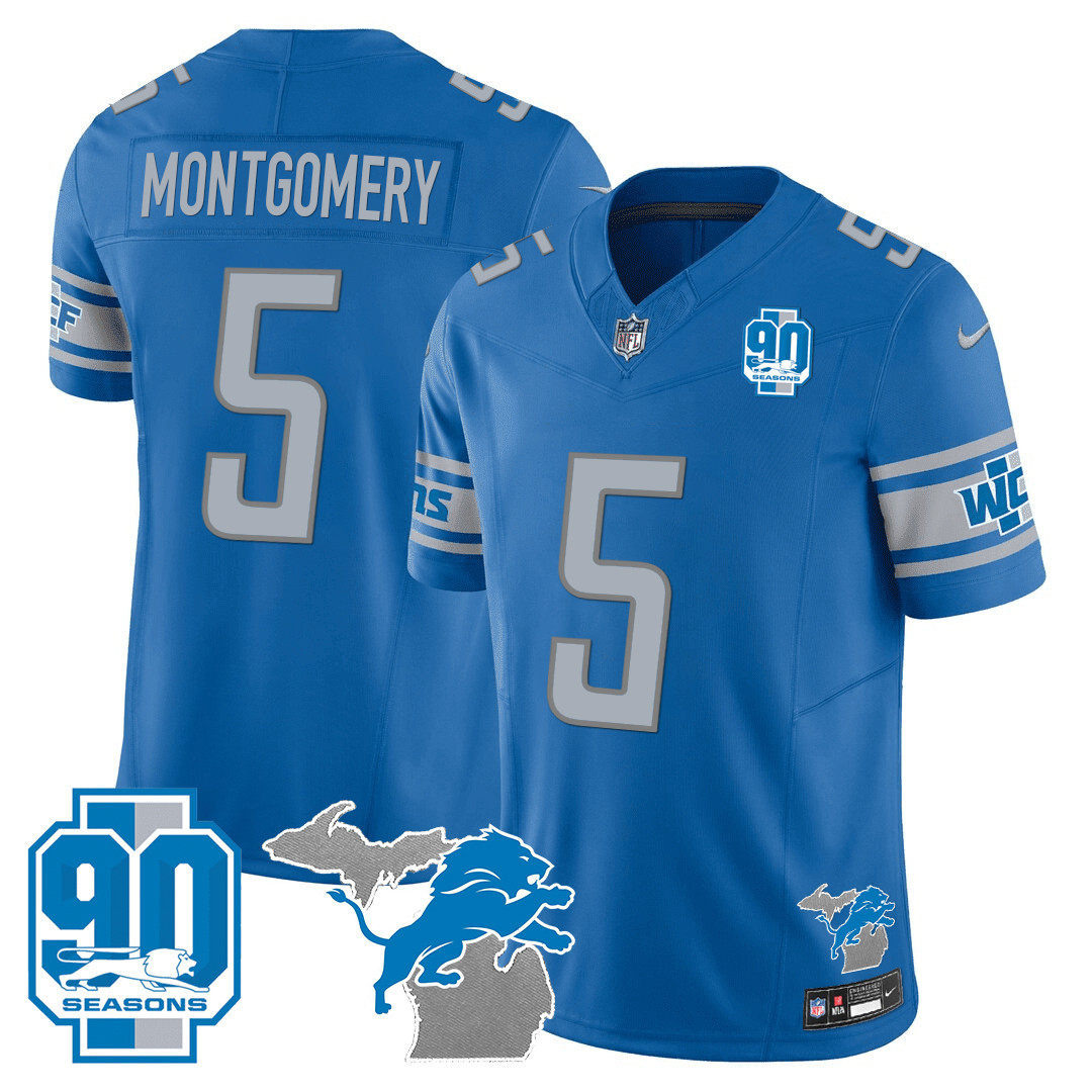David Montgomery Men's Detroit Lions 90th Year & Michigan Patch Vapor Blue Jersey - All Stitched