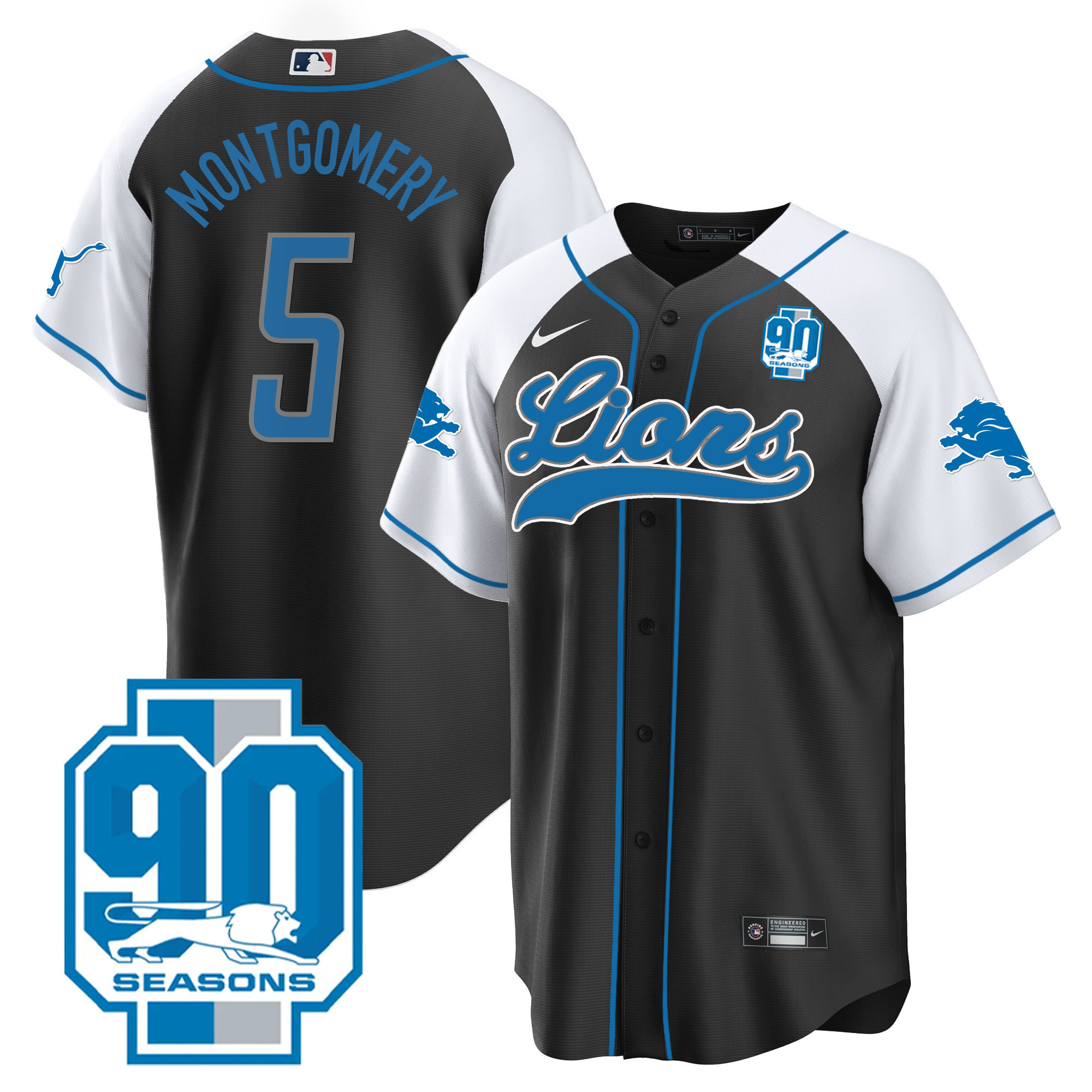 David Montgomery Men's Detroit Lions 90th Year Patch Baseball Black Alternate Jersey - All Stitched