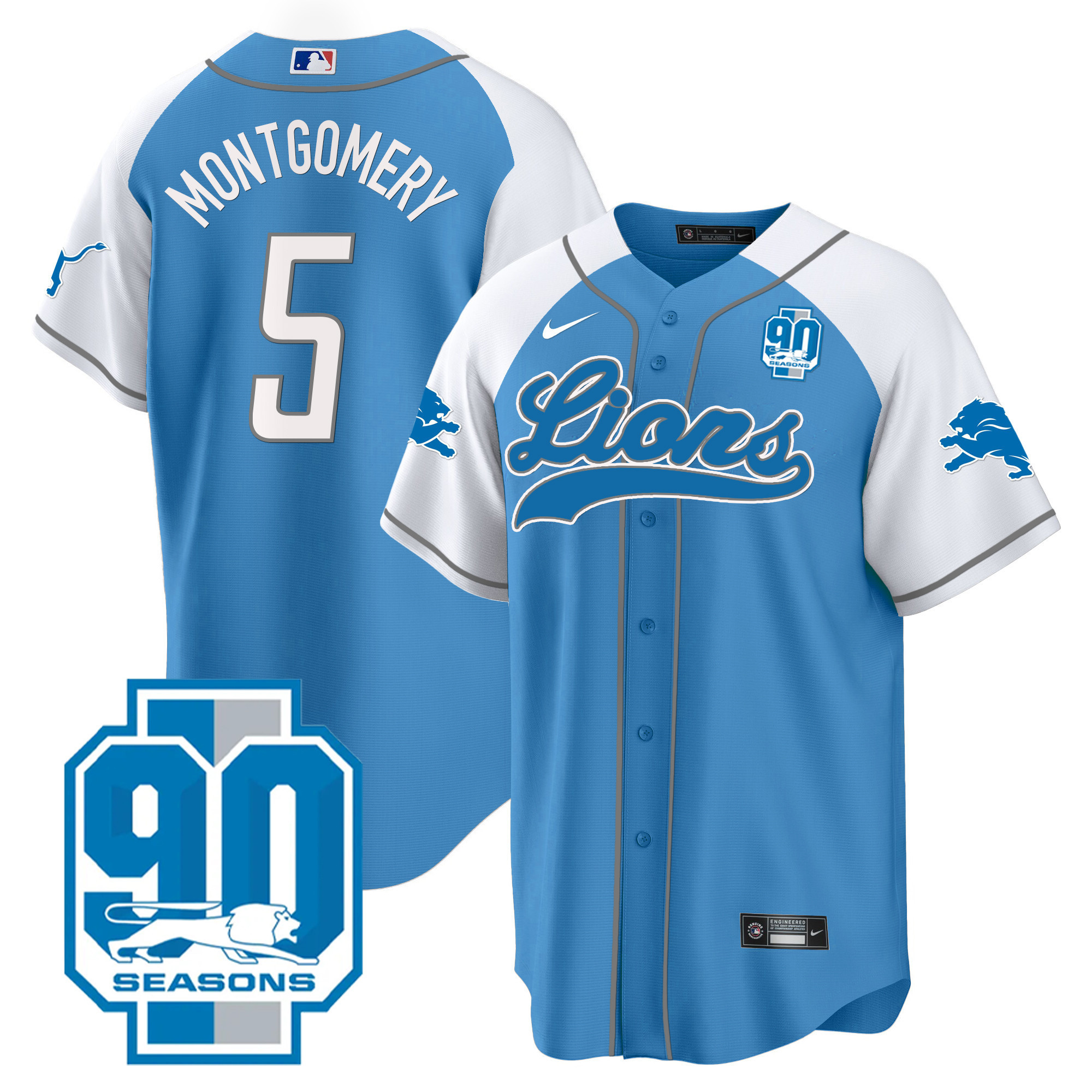 David Montgomery Men's Detroit Lions 90th Year Patch Baseball Blue Alternate Jersey - All Stitched