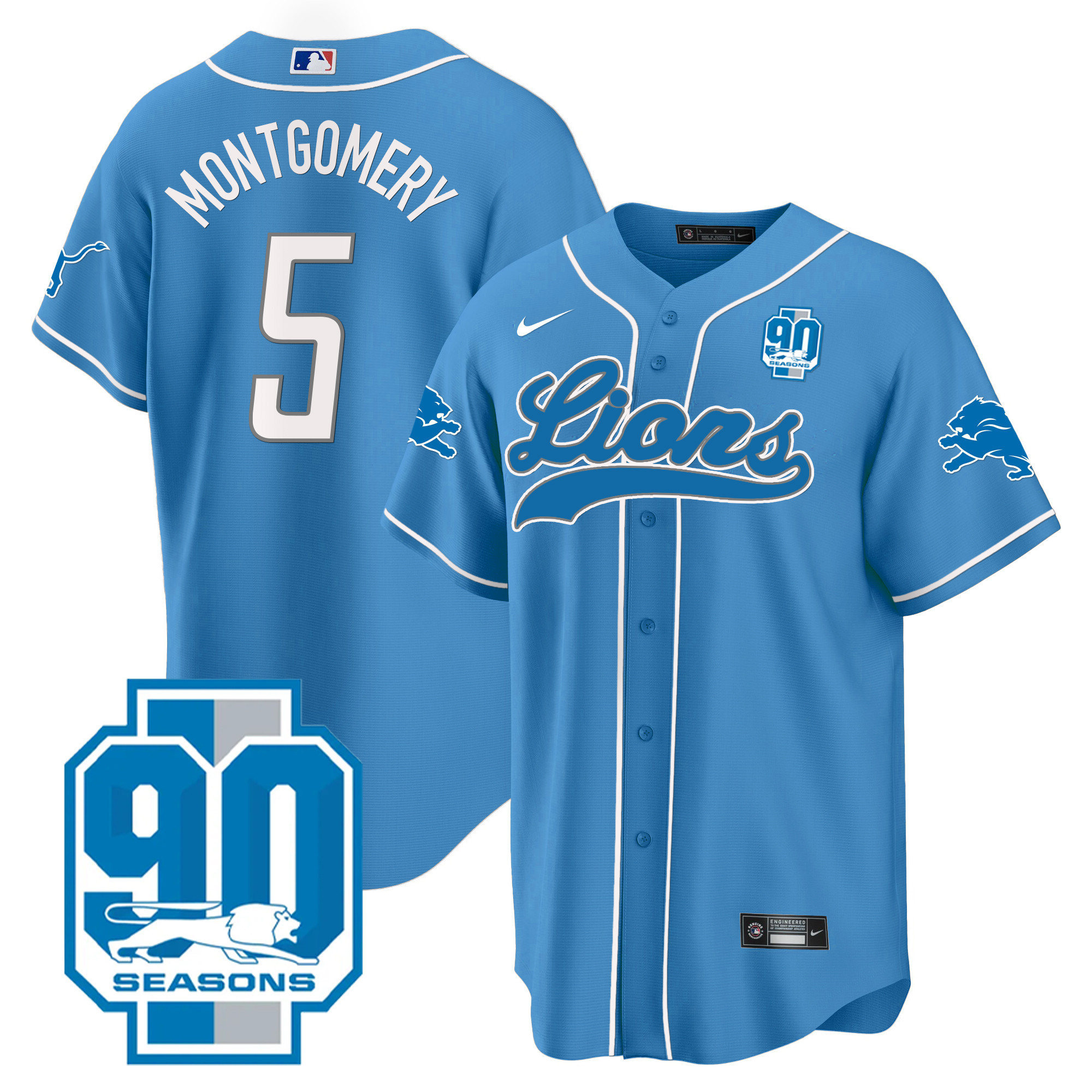 David Montgomery Men's Detroit Lions 90th Year Patch Baseball Blue Jersey - All Stitched