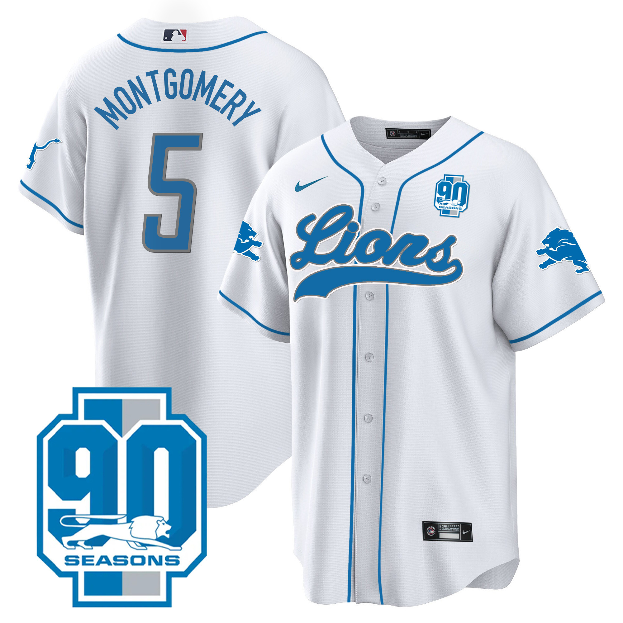 David Montgomery Men's Detroit Lions 90th Year Patch Baseball White Jersey - All Stitched
