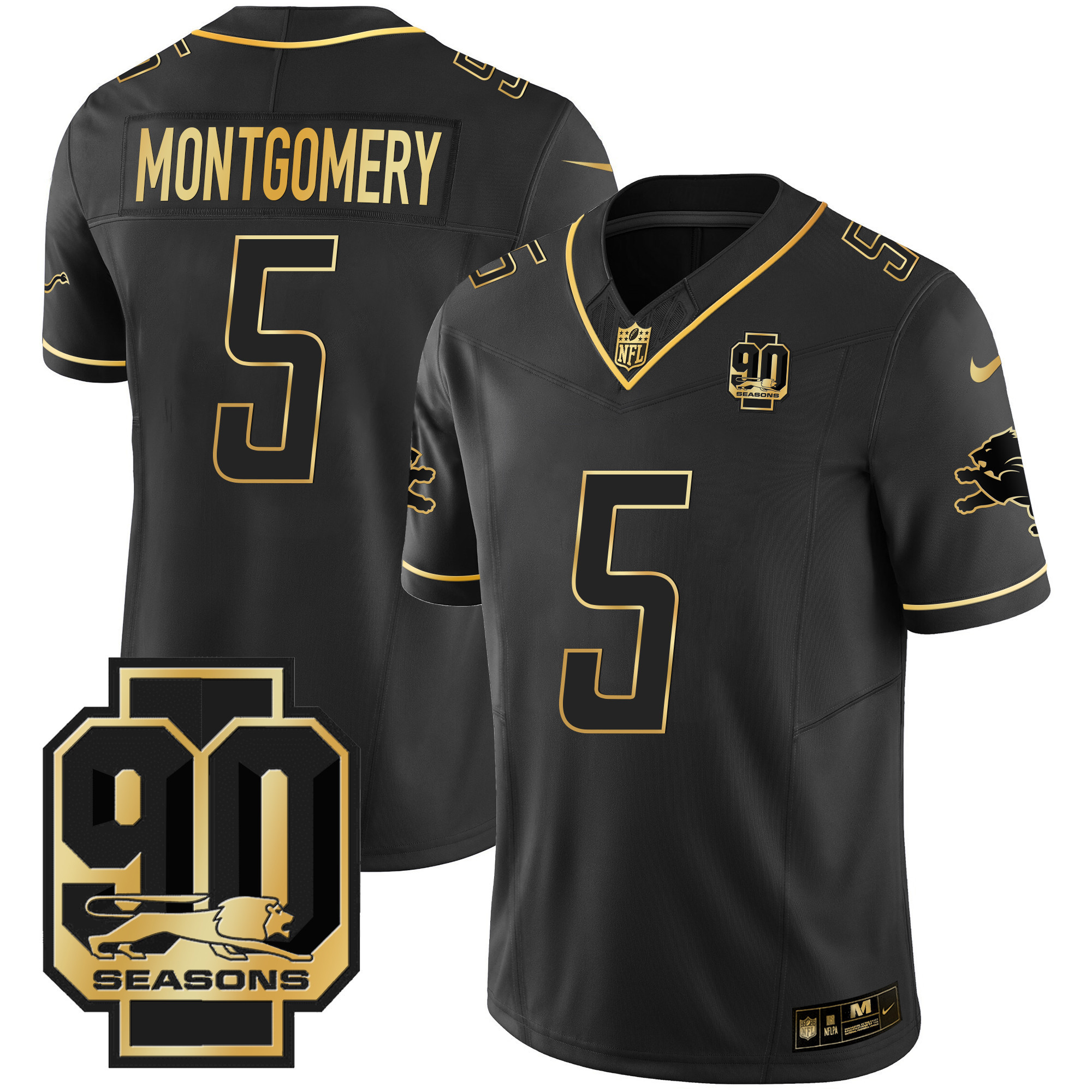 David Montgomery Men's Detroit Lions 90th Year Patch Gold Black Gold Jersey - All Stitched