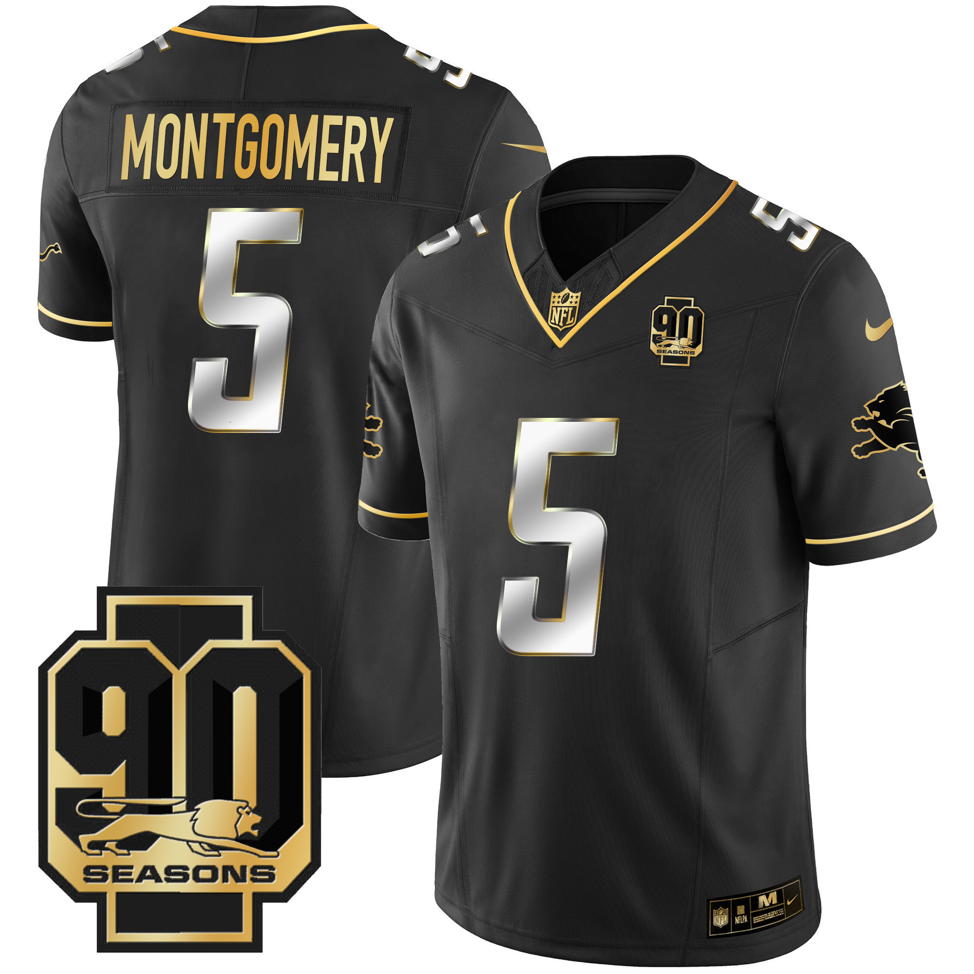 David Montgomery Men's Detroit Lions 90th Year Patch Gold Black Limited Jersey - All Stitched