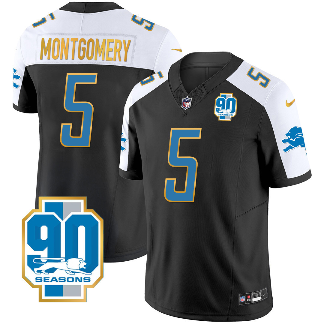 David Montgomery Men's Detroit Lions 90th Year Patch Gold Trim Black Alternate Jersey - All Stitched
