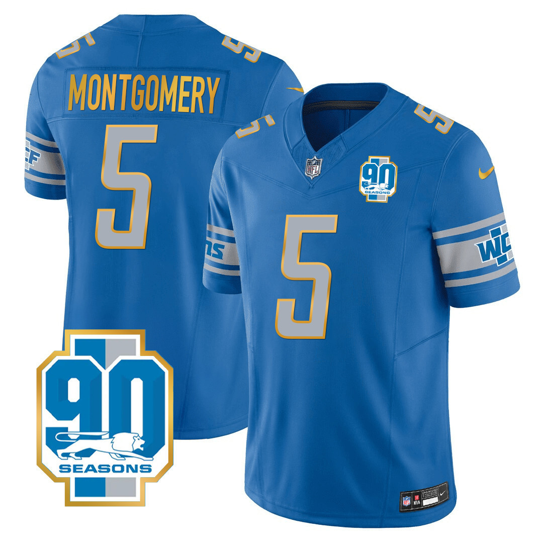 David Montgomery Men's Detroit Lions 90th Year Patch Gold Trim Blue Jersey - All Stitched