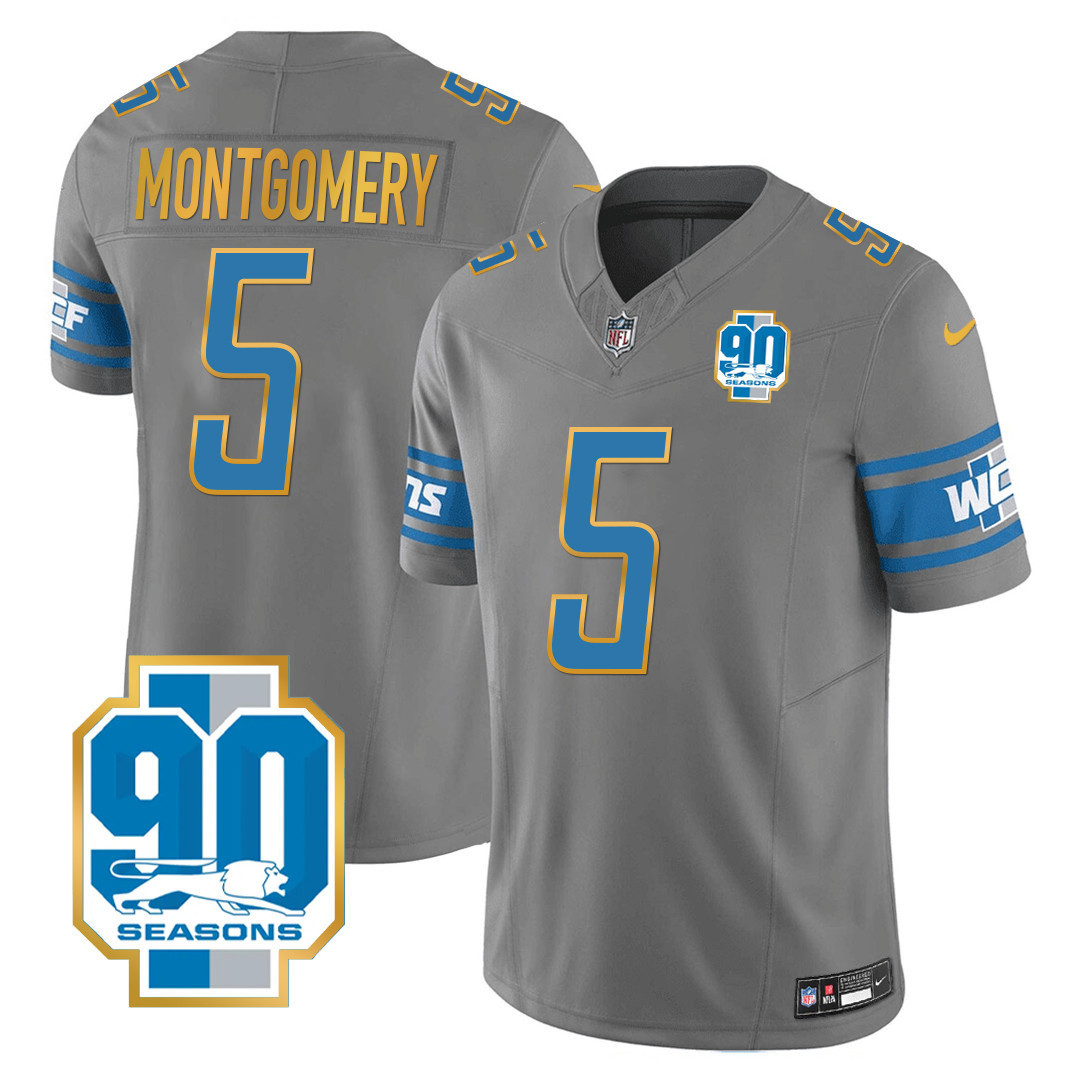 David Montgomery Men's Detroit Lions 90th Year Patch Gold Trim Gray Jersey - All Stitched