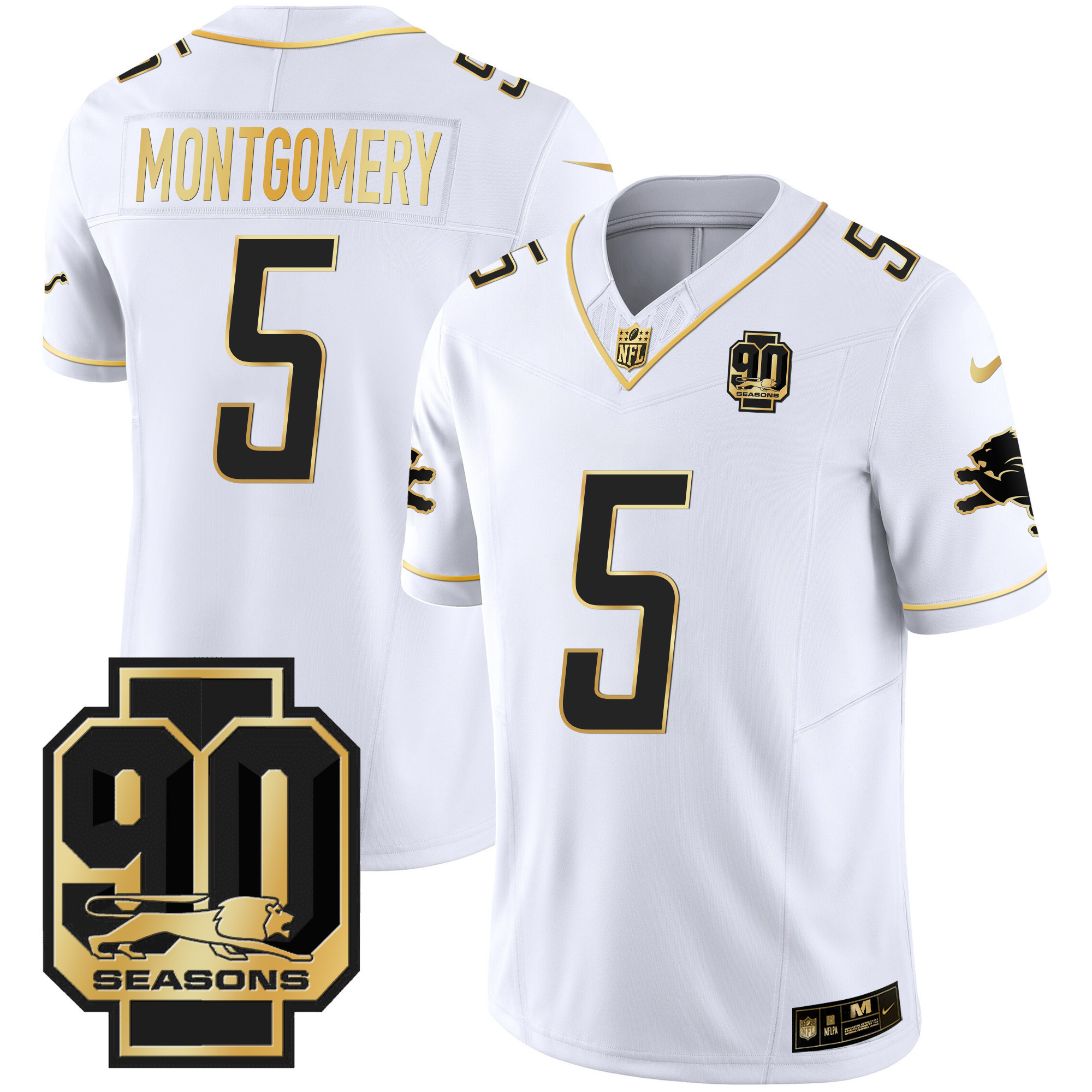 David Montgomery Men's Detroit Lions 90th Year Patch Gold White Gold Jersey - All Stitched