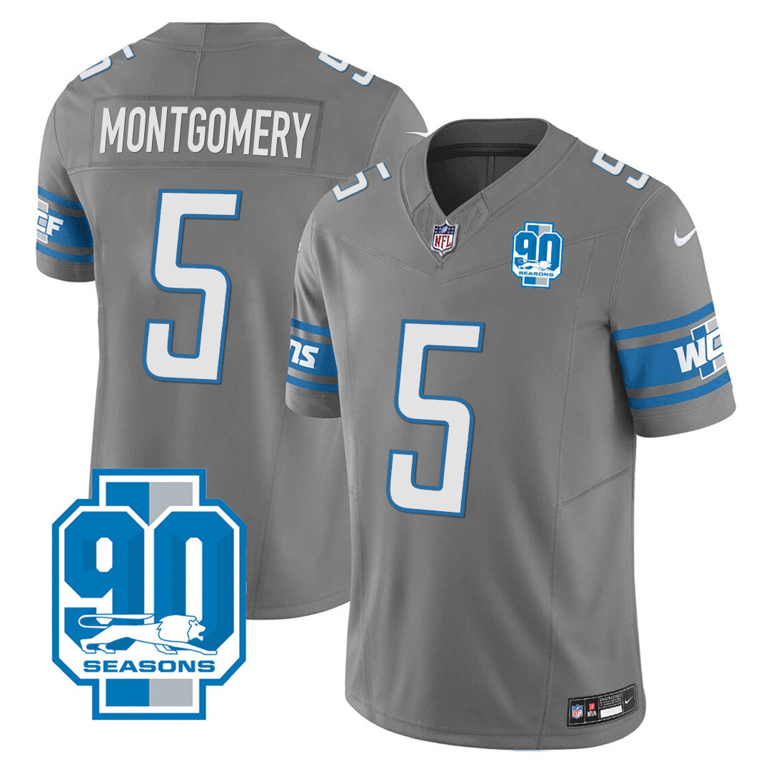 David Montgomery Men's Detroit Lions 90th Year Patch Gray Jersey - All Stitched