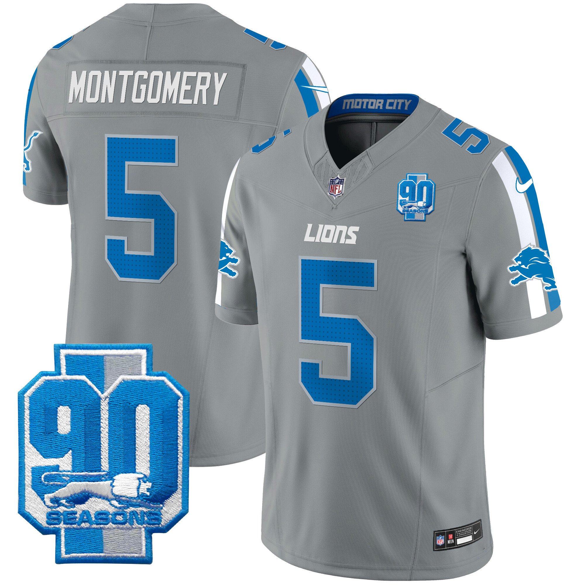 David Montgomery Men's Detroit Lions 90th Year Patch Vapor Limited Gray Jersey - All Stitched