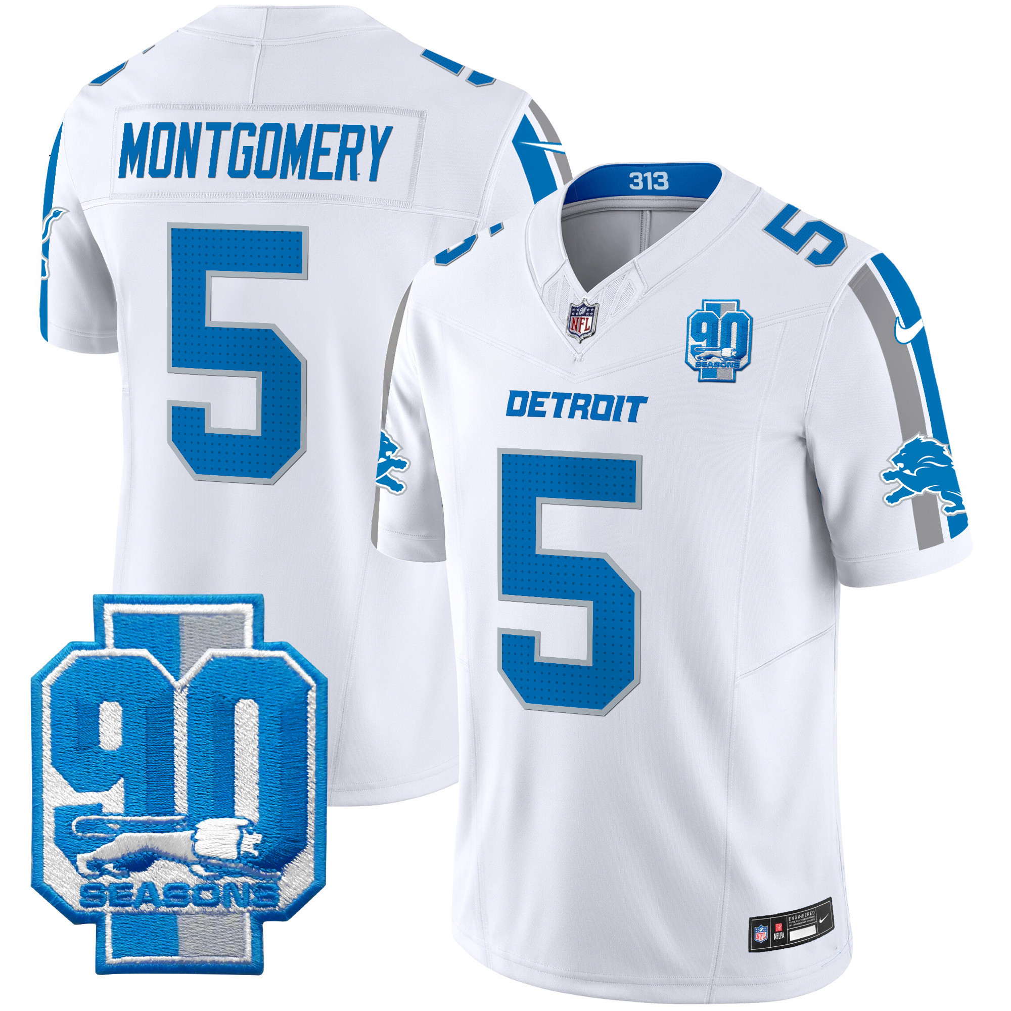 David Montgomery Men's Detroit Lions 90th Year Patch Vapor Limited White Jersey - All Stitched