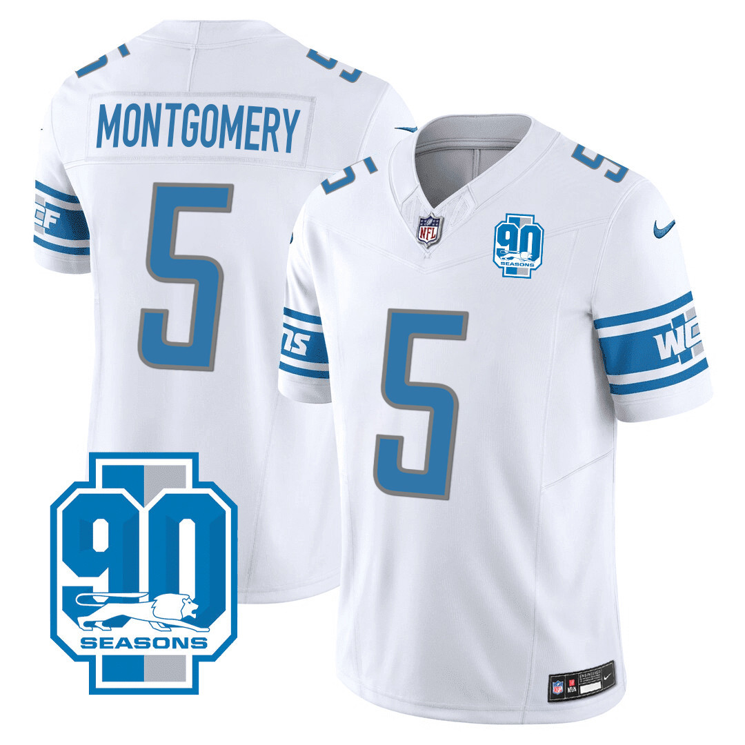 David Montgomery Men's Detroit Lions 90th Year Patch White Jersey - All Stitched