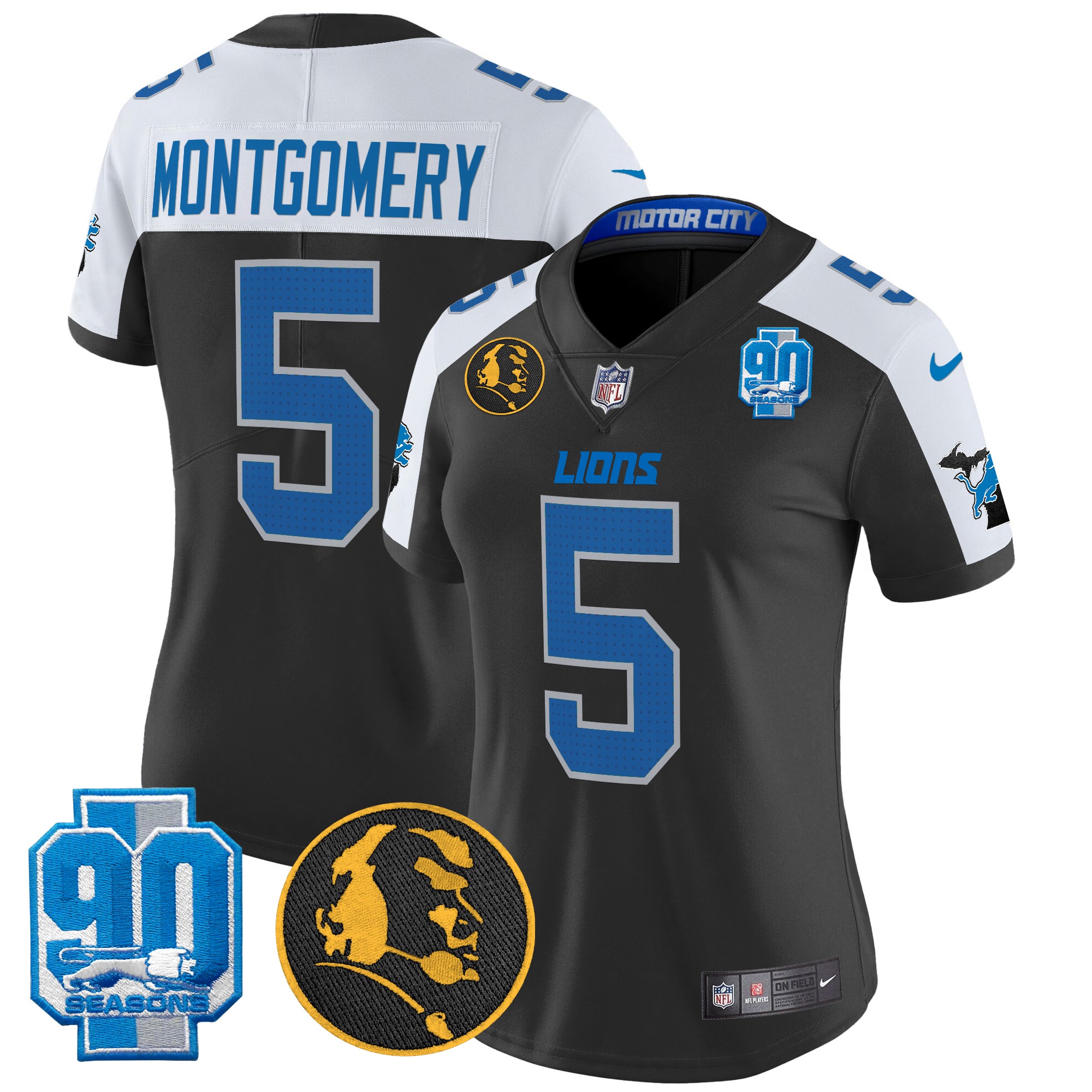 David Montgomery Women's Detroit Lions 2024 90th & John Madden Patch Vapor Limited Black Alternate Jersey - All Stitched
