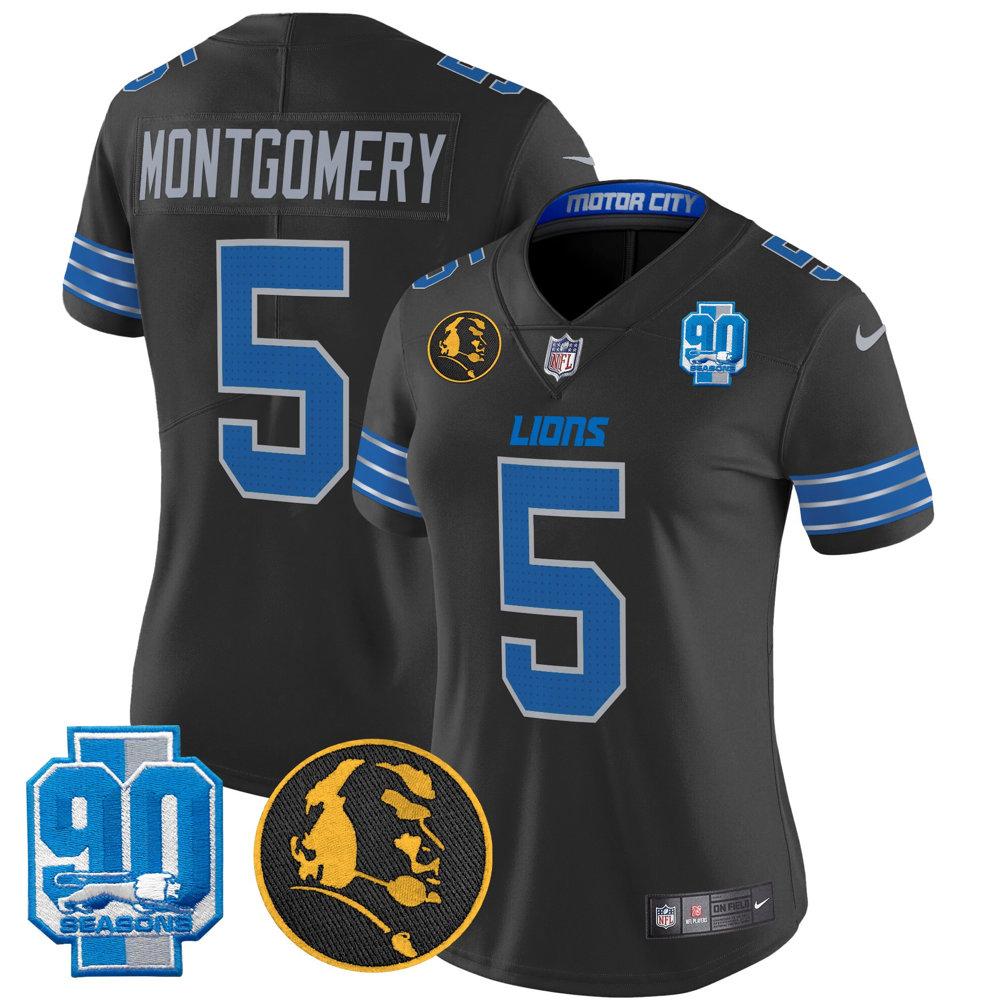 David Montgomery Women's Detroit Lions 2024 90th & John Madden Patch Vapor Limited Black Jersey - All Stitched