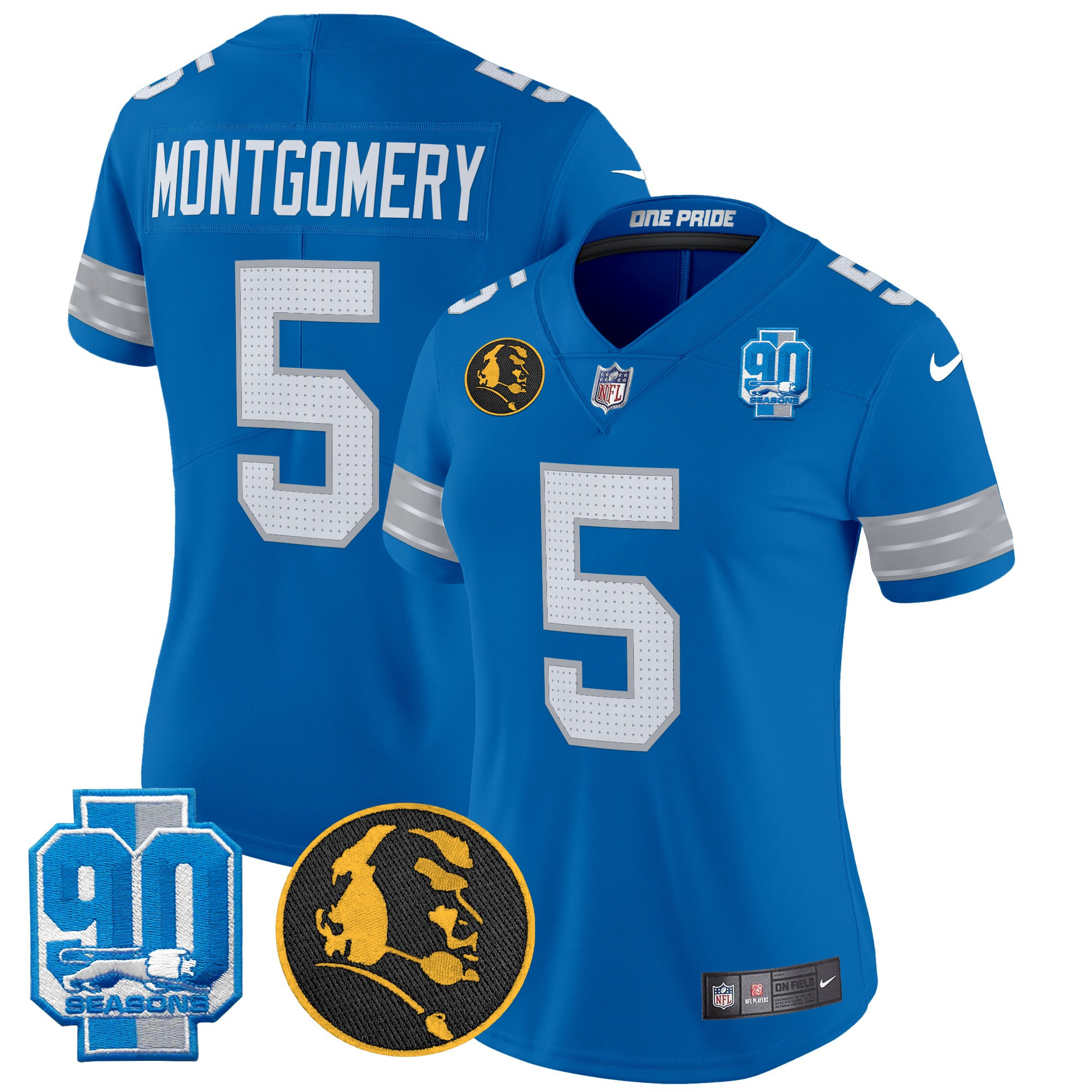 David Montgomery Women's Detroit Lions 2024 90th & John Madden Patch Vapor Limited Blue Jersey - All Stitched