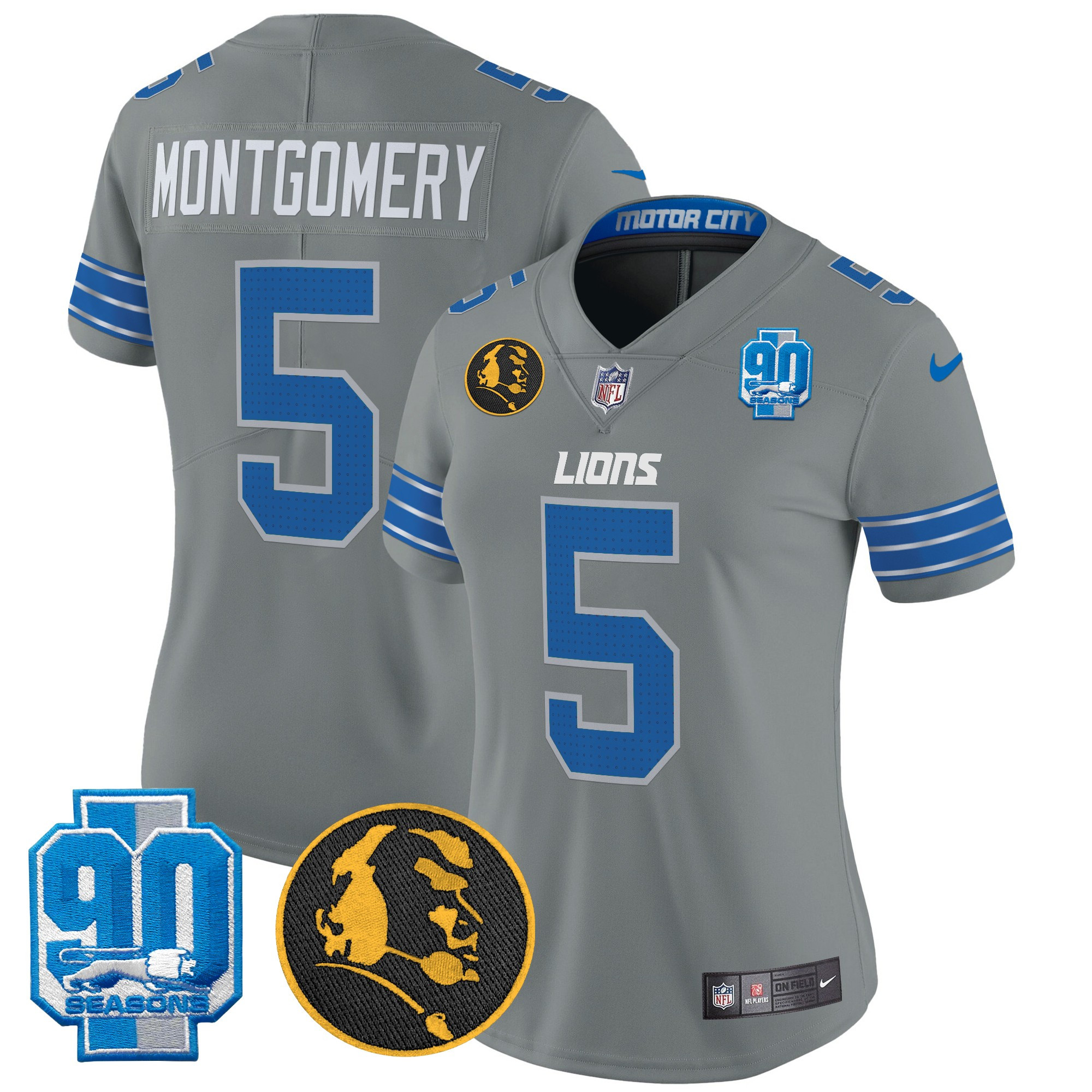 David Montgomery Women's Detroit Lions 2024 90th & John Madden Patch Vapor Limited Gray Jersey - All Stitched