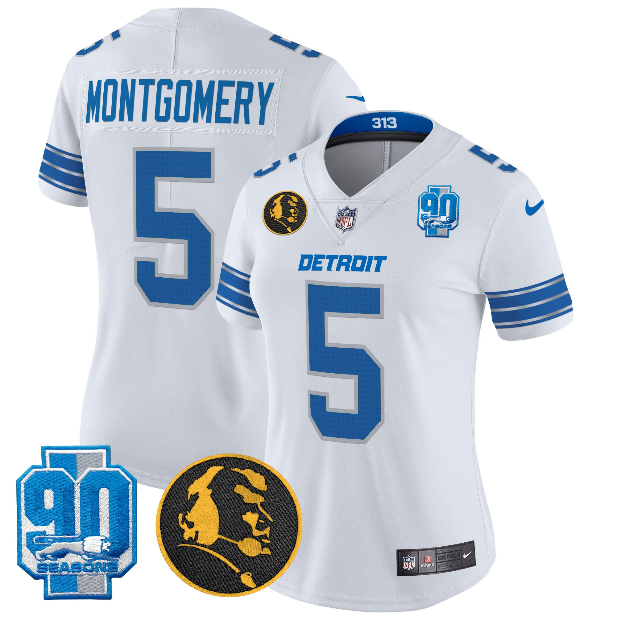 David Montgomery Women's Detroit Lions 2024 90th & John Madden Patch Vapor Limited White Jersey - All Stitched