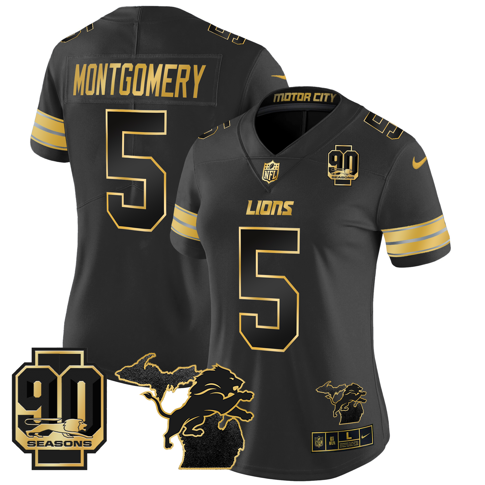 David Montgomery Women's Detroit Lions 2024 Michigan & 90th Year Patch Gold Vapor Limited Black Gold Jersey - All Stitched