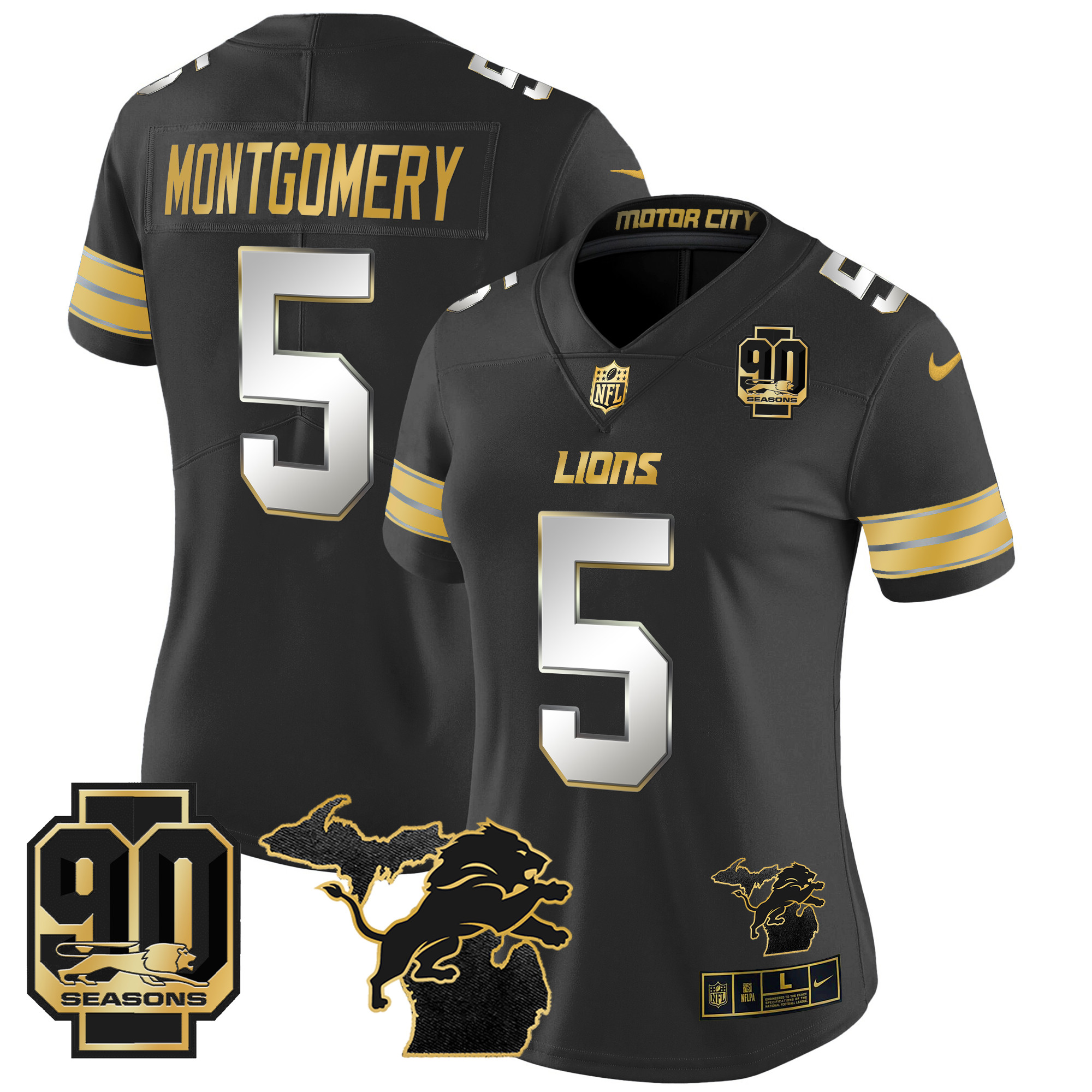 David Montgomery Women's Detroit Lions 2024 Michigan & 90th Year Patch Gold Vapor Limited Black Limited Jersey - All Stitched