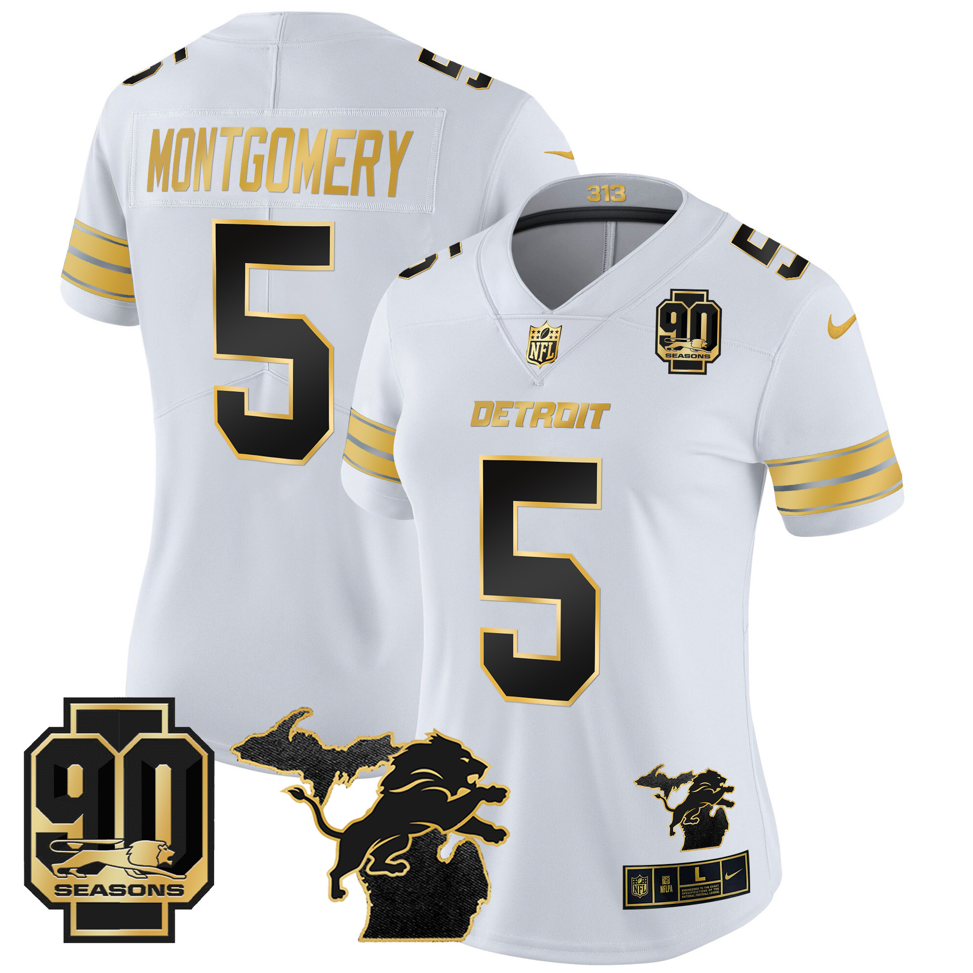 David Montgomery Women's Detroit Lions 2024 Michigan & 90th Year Patch Gold Vapor Limited White Gold Jersey - All Stitched