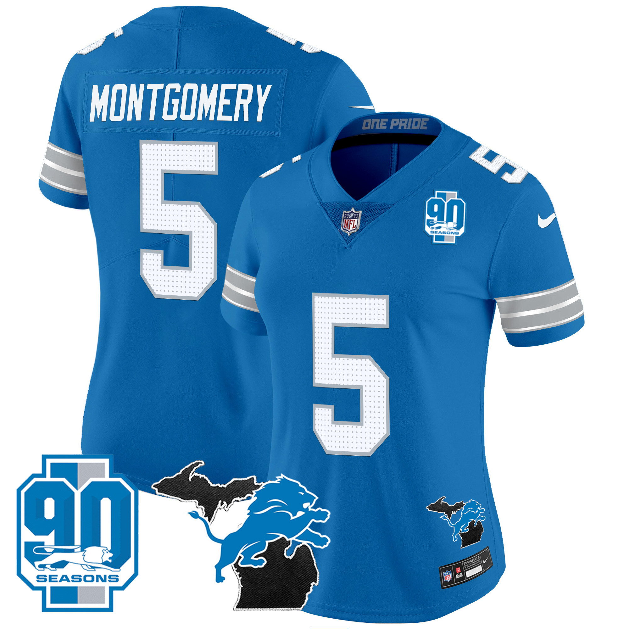 David Montgomery Women's Detroit Lions 2024 Michigan & 90th Year Patch Vapor Blue Jersey - All Stitched