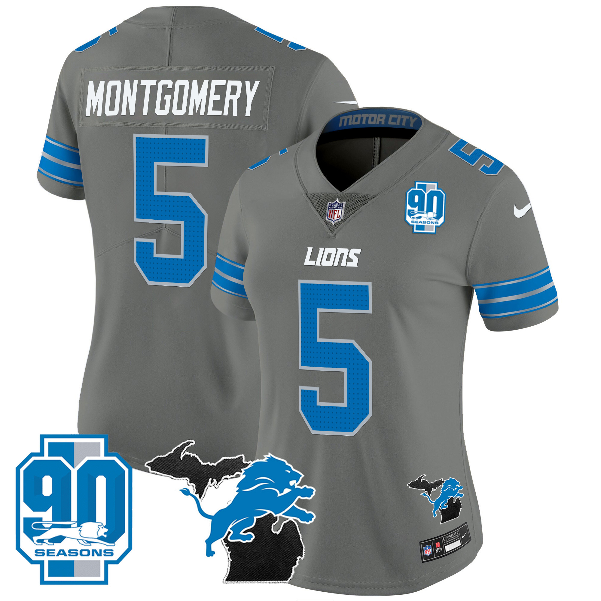 David Montgomery Women's Detroit Lions 2024 Michigan & 90th Year Patch Vapor Gray Jersey - All Stitched