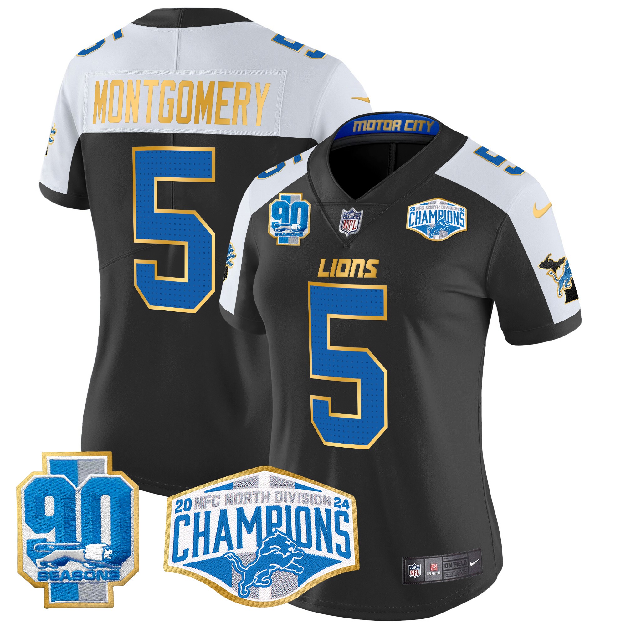 David Montgomery Women's Detroit Lions 2024 NFC North Division Champions Patch Gold Trim Vapor Limited Black Alternate Jersey - All Stitched