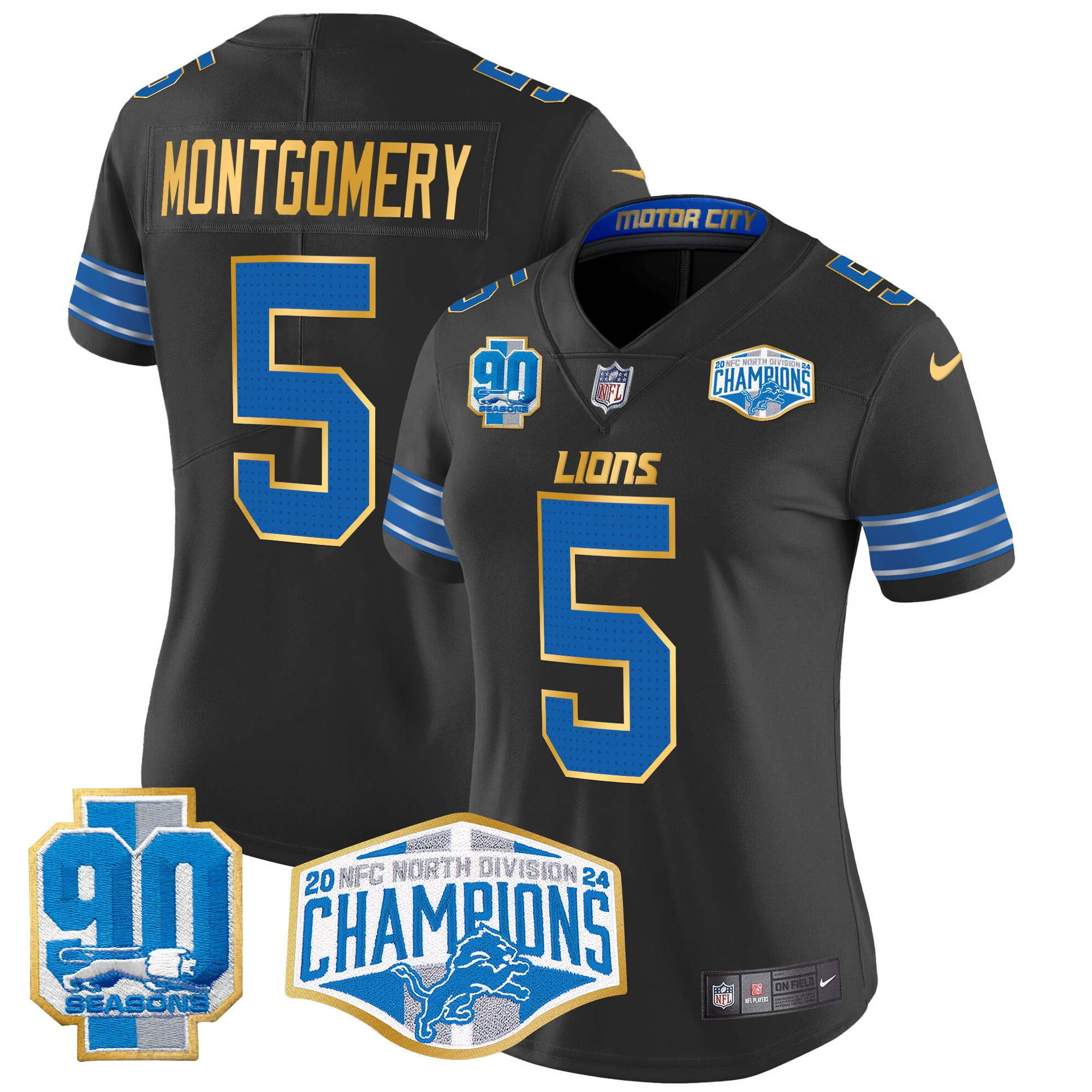 David Montgomery Women's Detroit Lions 2024 NFC North Division Champions Patch Gold Trim Vapor Limited Black Jersey - All Stitched