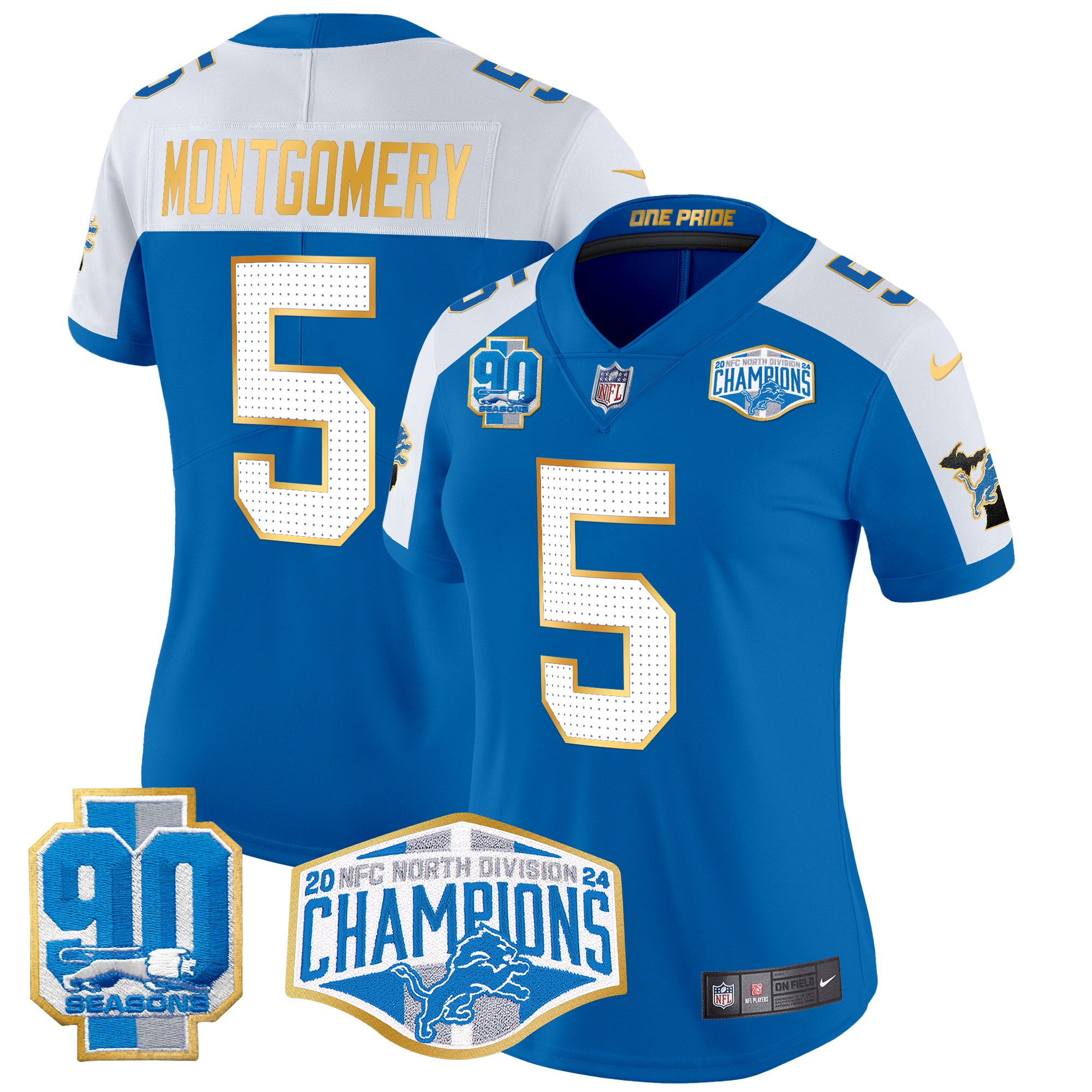 David Montgomery Women's Detroit Lions 2024 NFC North Division Champions Patch Gold Trim Vapor Limited Blue Alternate Jersey - All Stitched