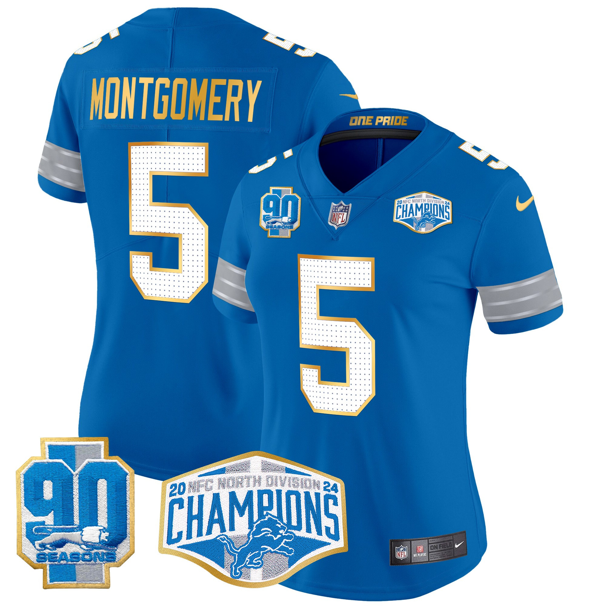 David Montgomery Women's Detroit Lions 2024 NFC North Division Champions Patch Gold Trim Vapor Limited Blue Jersey - All Stitched