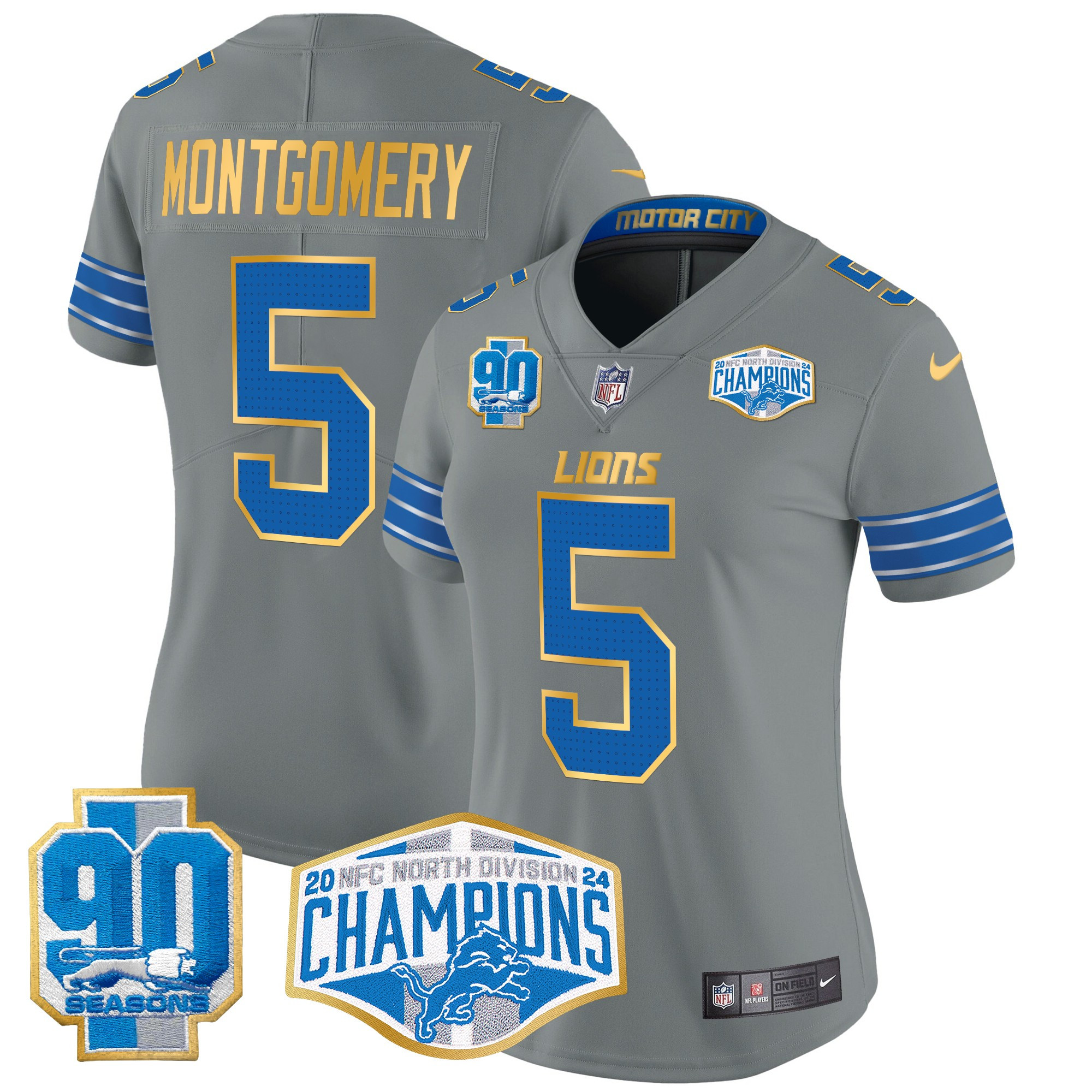 David Montgomery Women's Detroit Lions 2024 NFC North Division Champions Patch Gold Trim Vapor Limited Gray Jersey - All Stitched