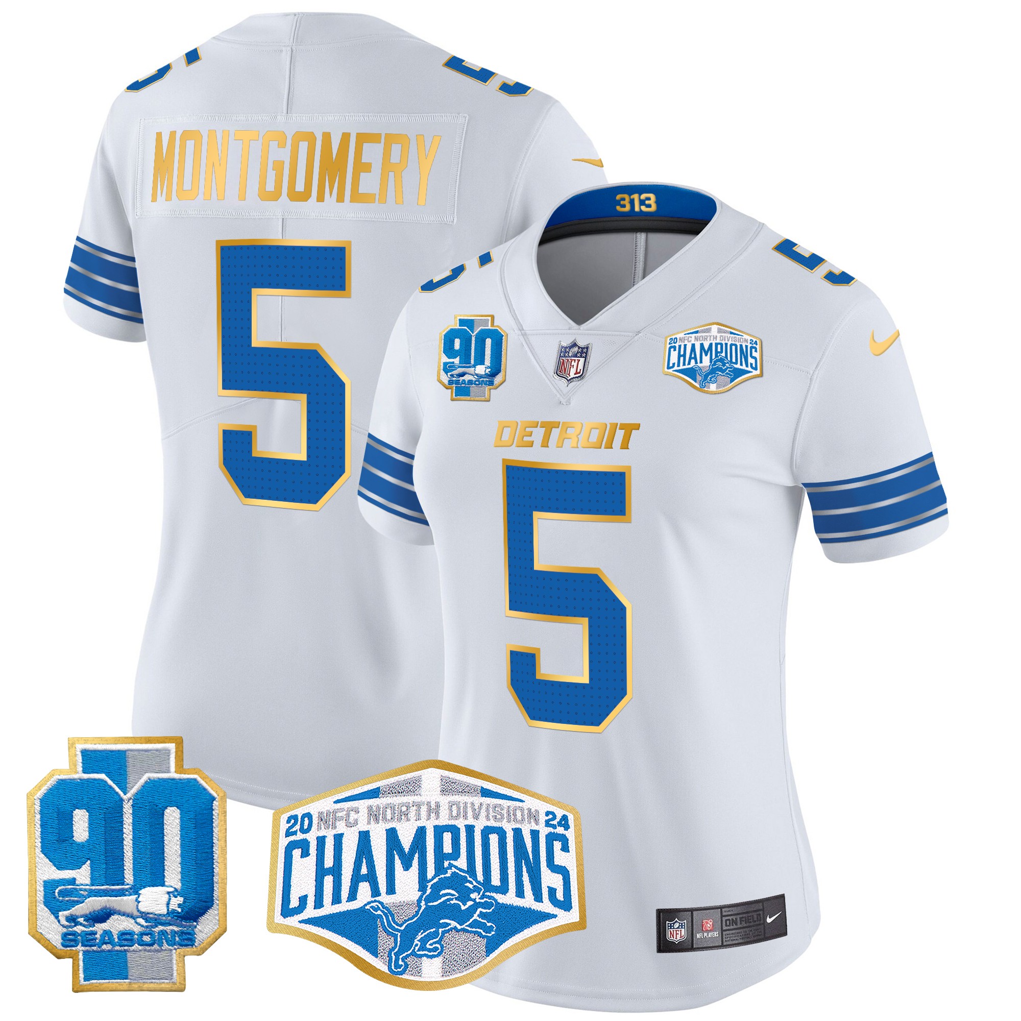 David Montgomery Women's Detroit Lions 2024 NFC North Division Champions Patch Gold Trim Vapor Limited White Jersey - All Stitched