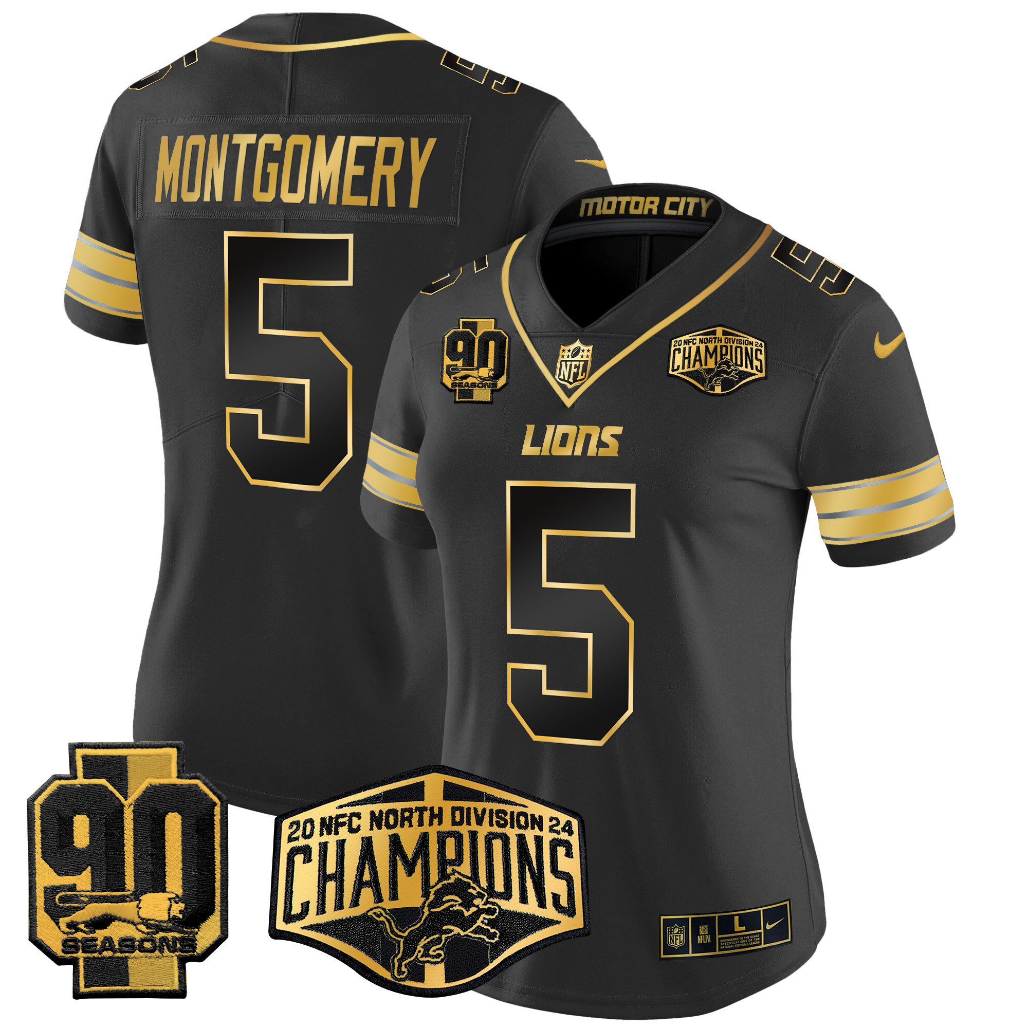 David Montgomery Women's Detroit Lions 2024 NFC North Division Champions Patch Gold Vapor Limited Black Gold Jersey - All Stitched